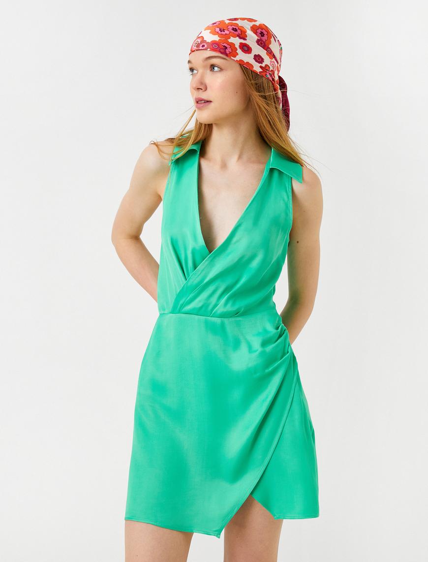   Mini Elbise V Yaka Kolsuz Drape Detaylı