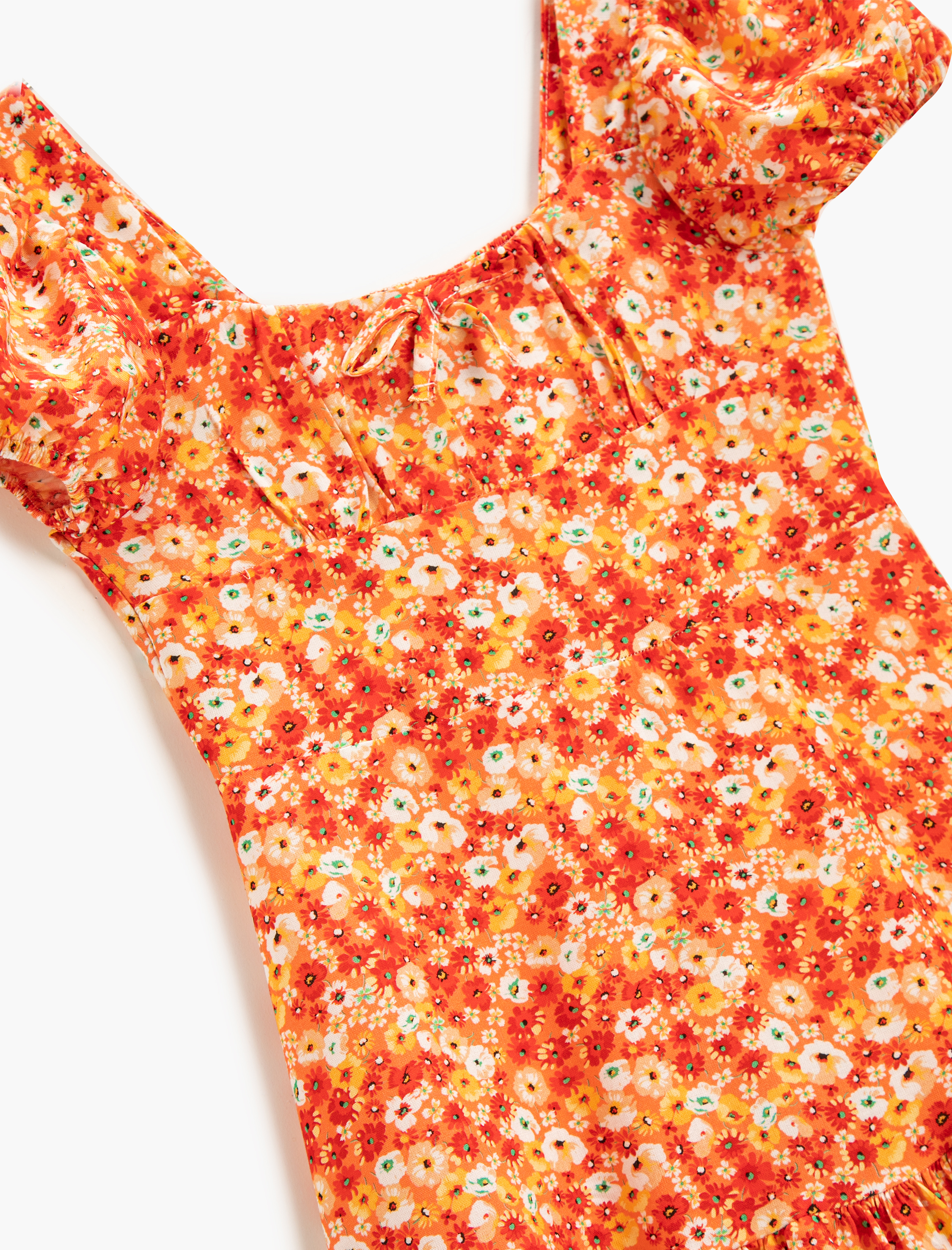  Kız Çocuk Çiçekli Elbise Midi Fırfırlı U Yaka Kısa Kollu