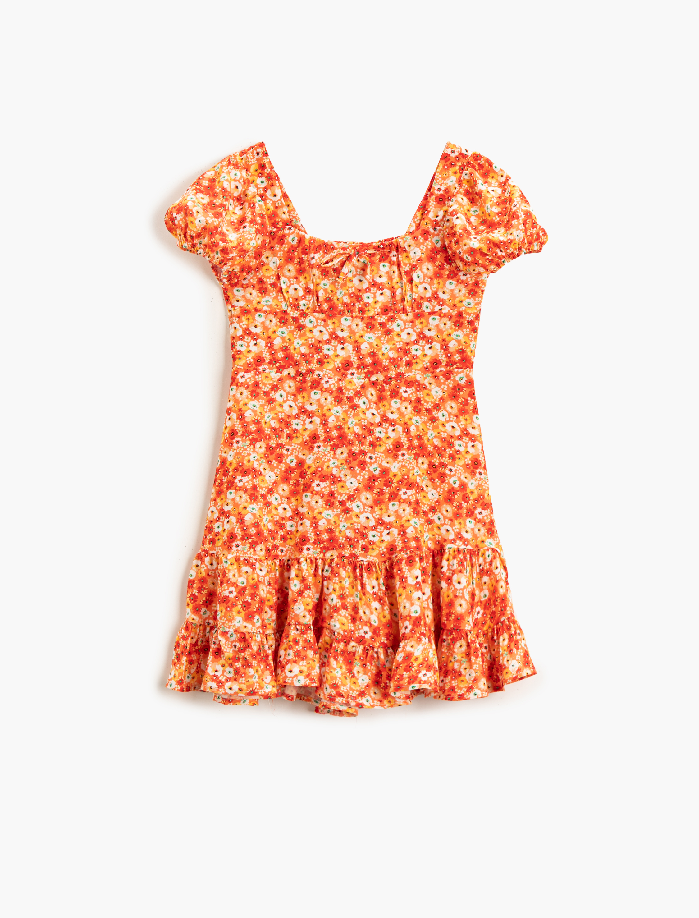  Kız Çocuk Çiçekli Elbise Midi Fırfırlı U Yaka Kısa Kollu