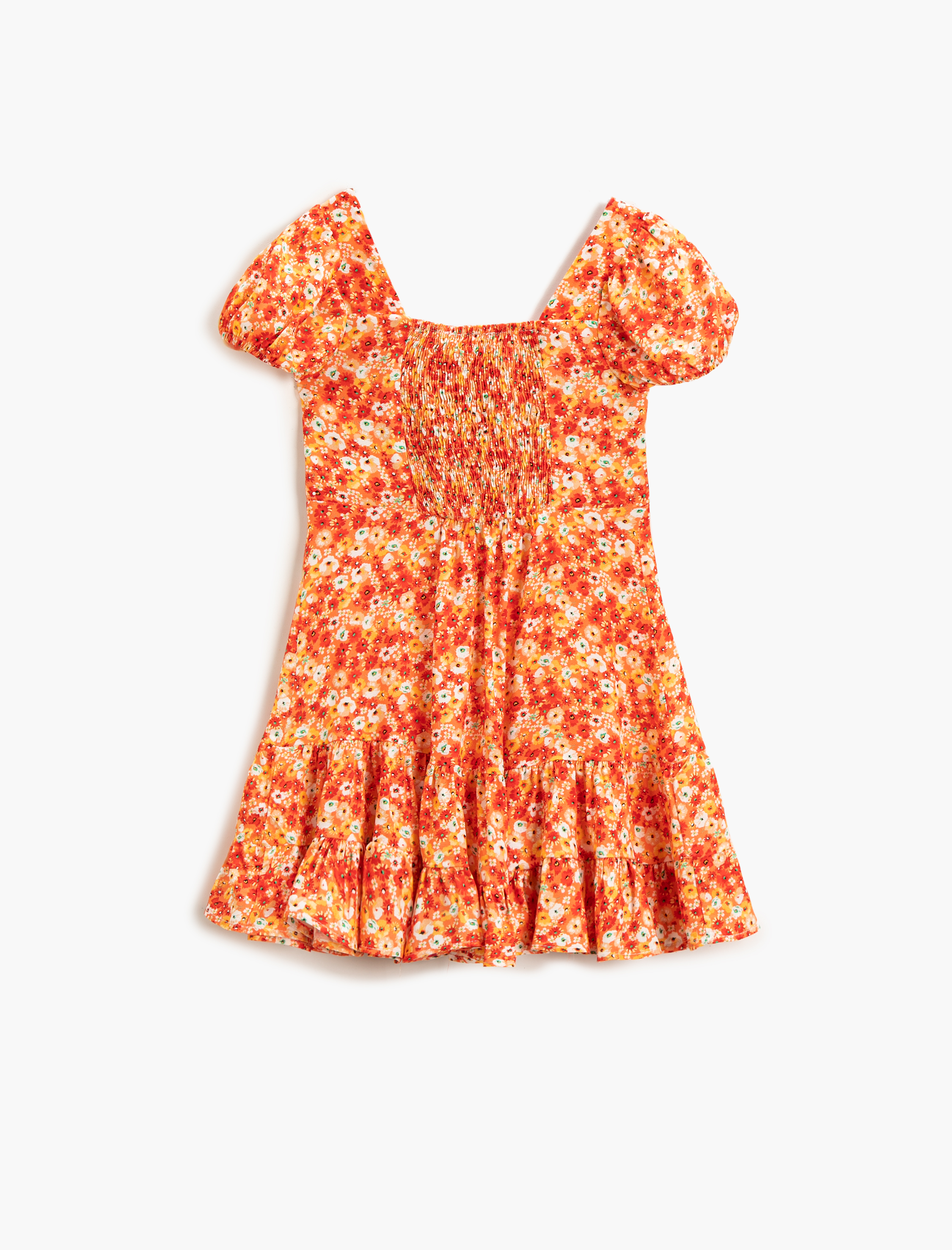  Kız Çocuk Çiçekli Elbise Midi Fırfırlı U Yaka Kısa Kollu