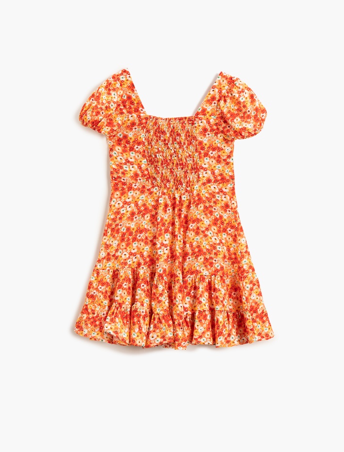Kız Çocuk Çiçekli Elbise Midi Fırfırlı U Yaka Kısa Kollu