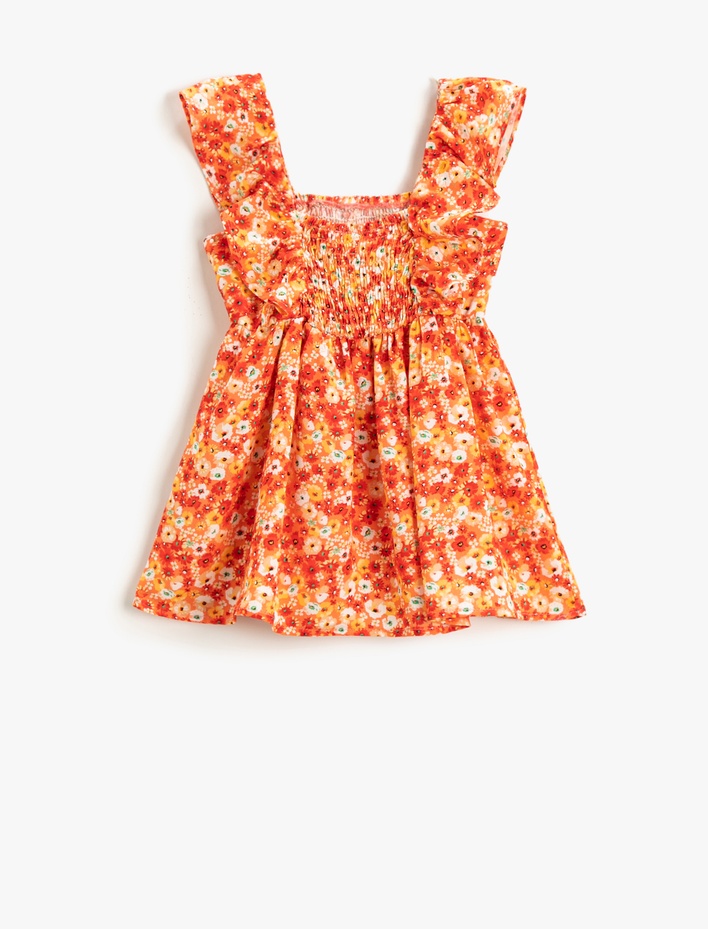 Kız Bebek Elbise Çiçekli Kalın Askılı Gipe Detaylı Volanlı