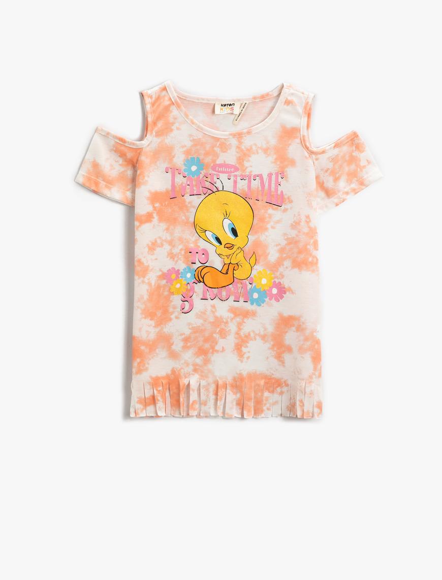  Kız Çocuk Pencere Detaylı Tişört Tweety Baskılı Lisanslı Kısa Kollu