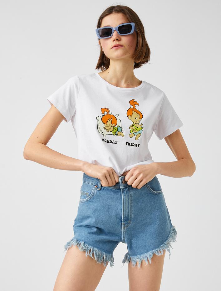  Çakıl Çakmaktaş Baskılı Crop Tişört Lisanslı Kısa Kollu Pamuklu