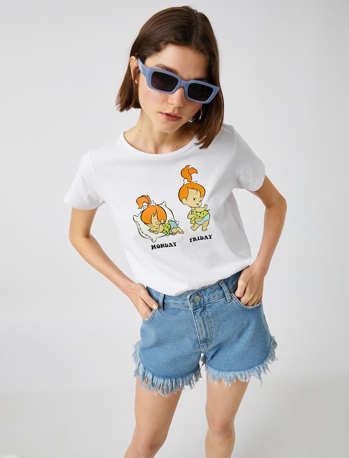  Çakıl Çakmaktaş Baskılı Crop Tişört Lisanslı Kısa Kollu Pamuklu