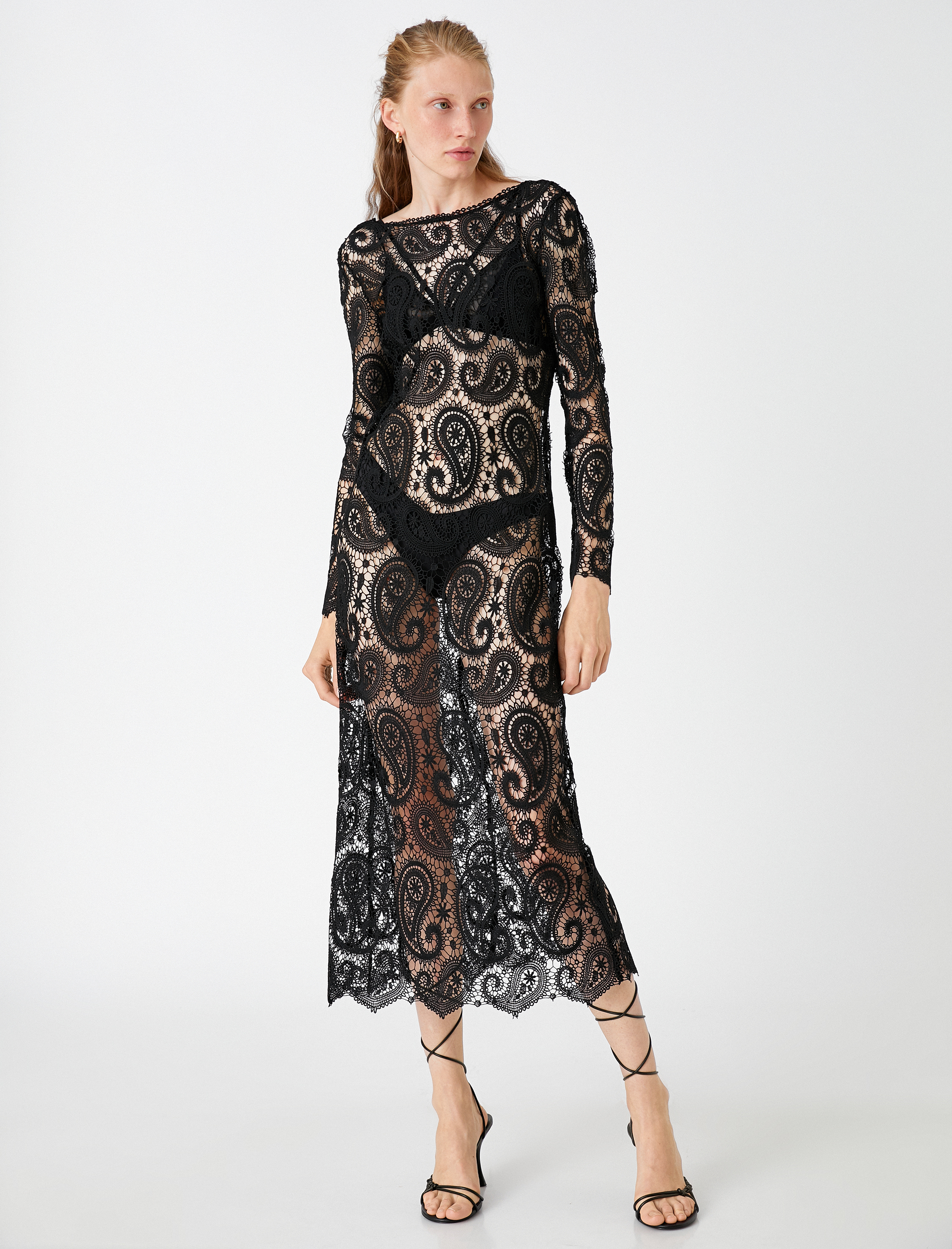   Plaj Elbisesi Kroşe Örgü Uzun Kollu