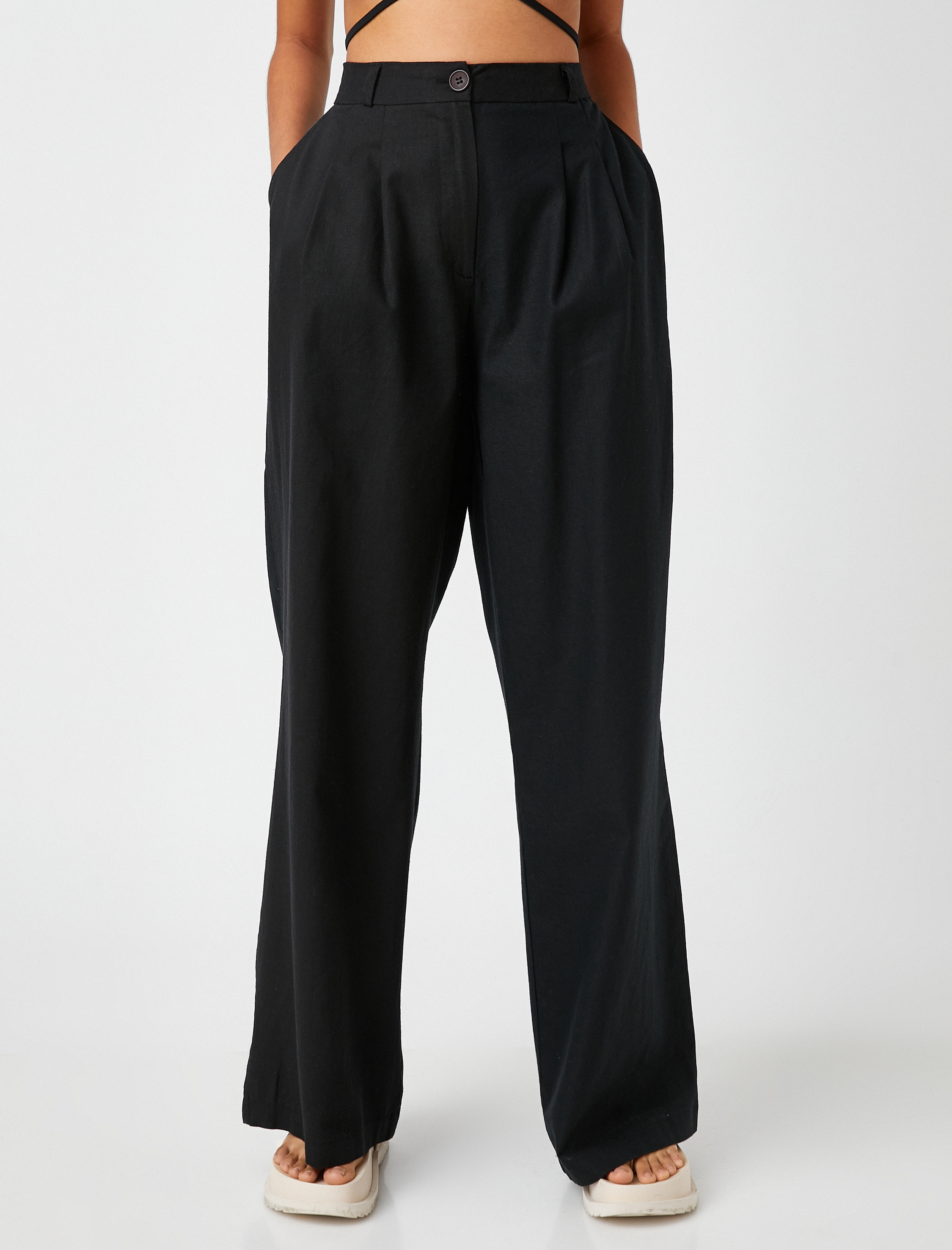   Bol Paça Pantolon Pileli Keten Karışımlı