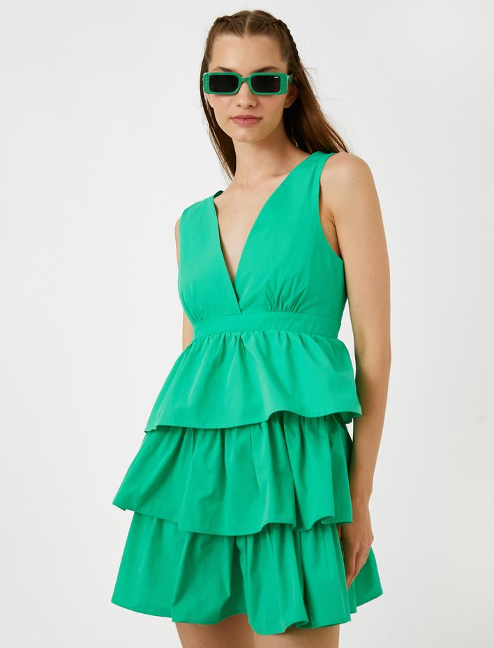 Mini Elbise Volanlı V Yaka