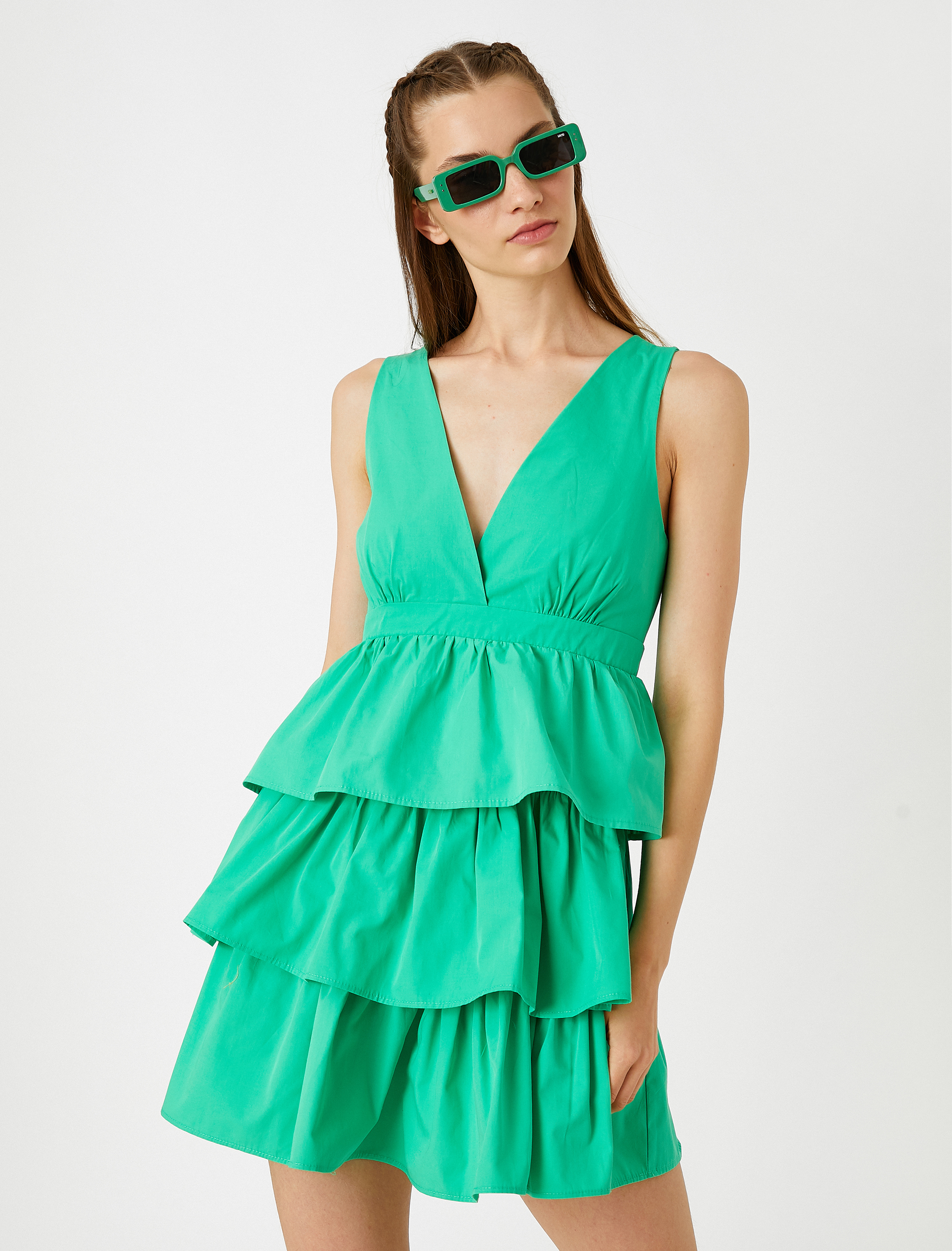   Mini Elbise Volanlı V Yaka