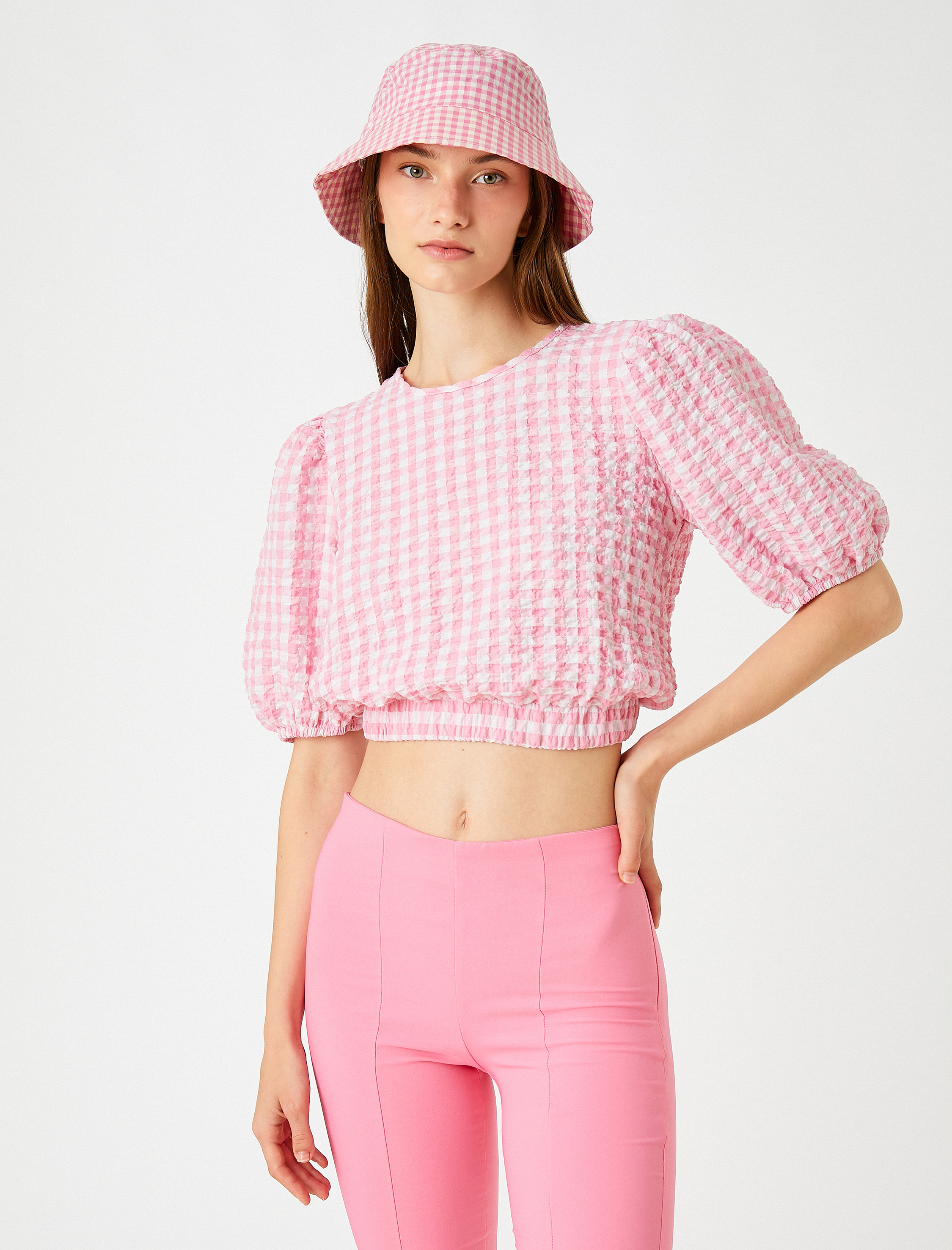   Poplin Crop Bluz Balon Kollu