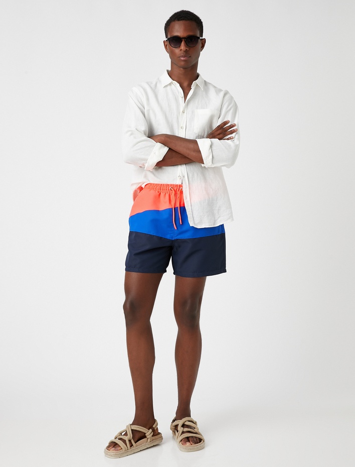  Deniz Şortu Renk Bloklu Beli Bağcıklı