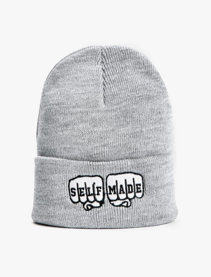 Erkek Basic Örgü Bere Slogan İşlemeli Katlama Detaylı