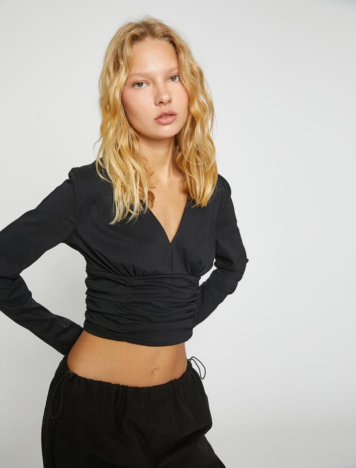 Crop Bluz V Yaka Büzgülü