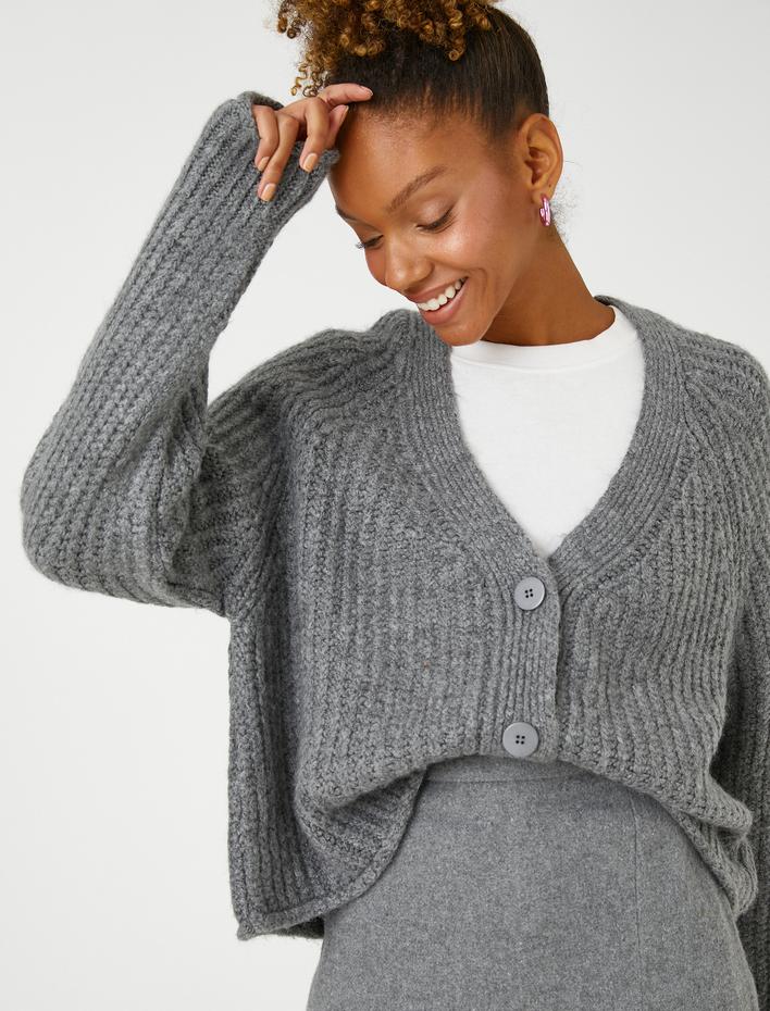  Crop Hırka V Yaka Düğmeli