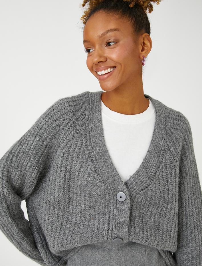  Crop Hırka V Yaka Düğmeli