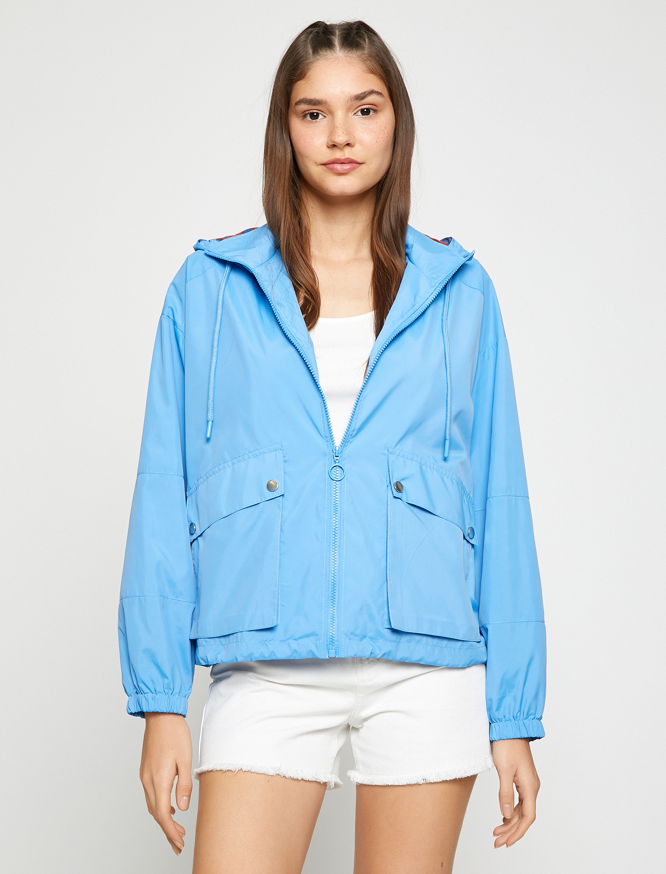   Kapüşonlu Yağmurluk Ceket Cep Detaylı Fermuarlı Uzun Kollu