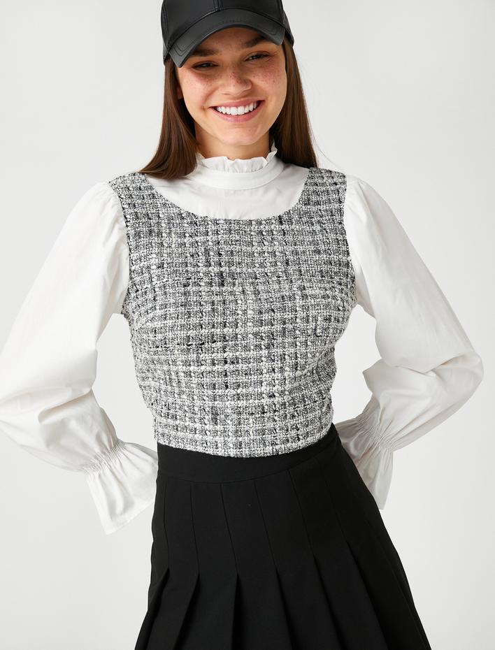  Tüvit Detaylı Bluz Uzun Kollu Yakası Fırfırlı