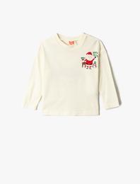 Yılbaşı Temalı Arkası Noel Baba Baskılı Uzun Kollu Tişört Bisiklet Yaka