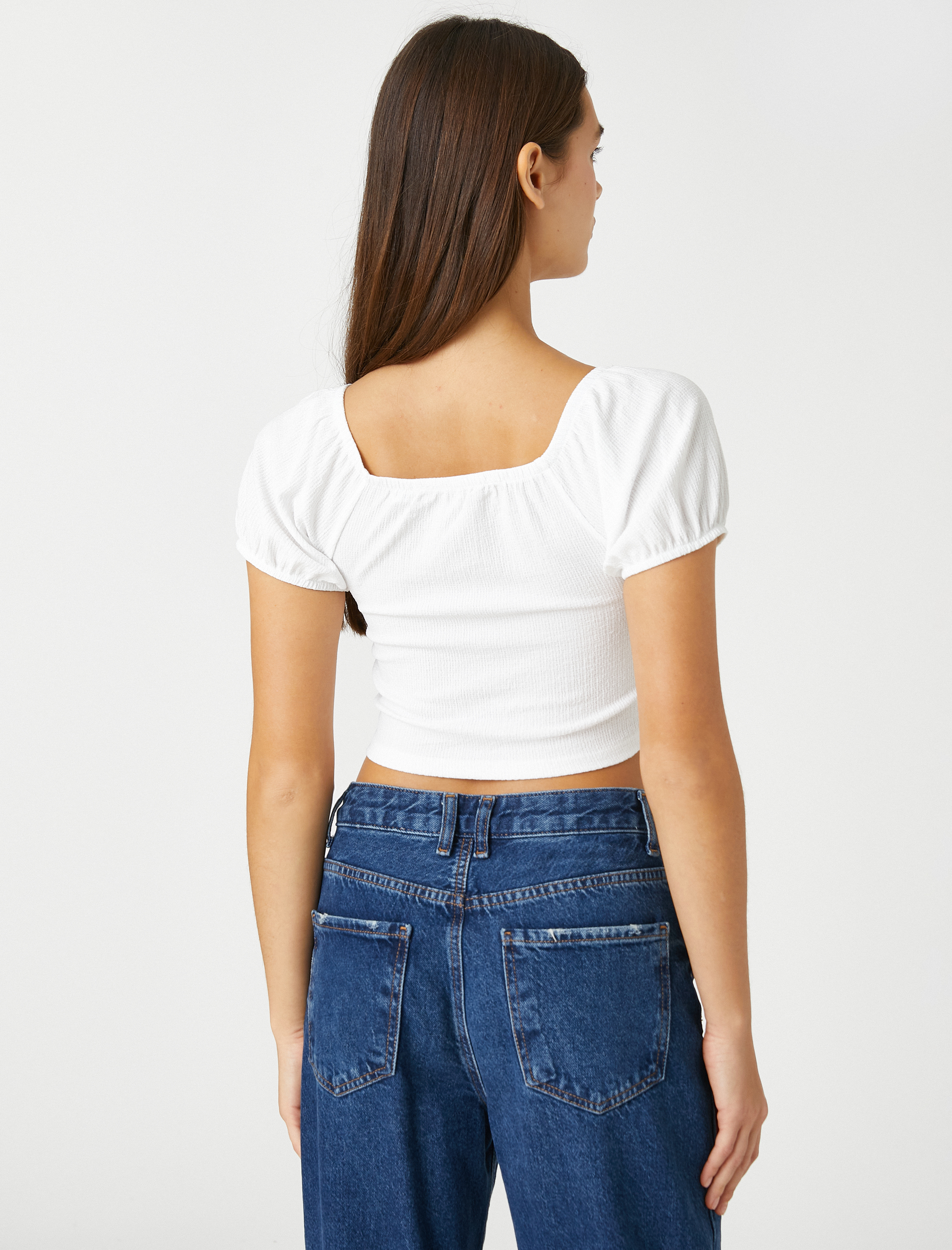   Crop Tişört Balon Kollu Büzgü Detaylı V Yaka Bürümcük