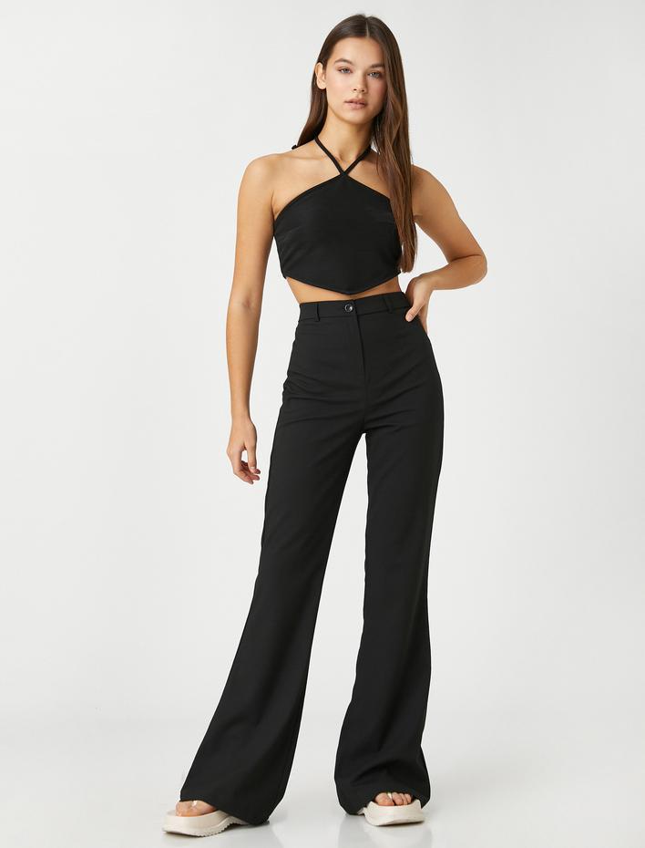  Kumaş Pantolon İspanyol Paça Yüksek Bel Düğmeli