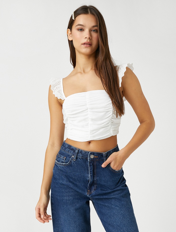  Crop Üst Fisto Fırfırlı Askı Detaylı Büzgülü Kare Yaka