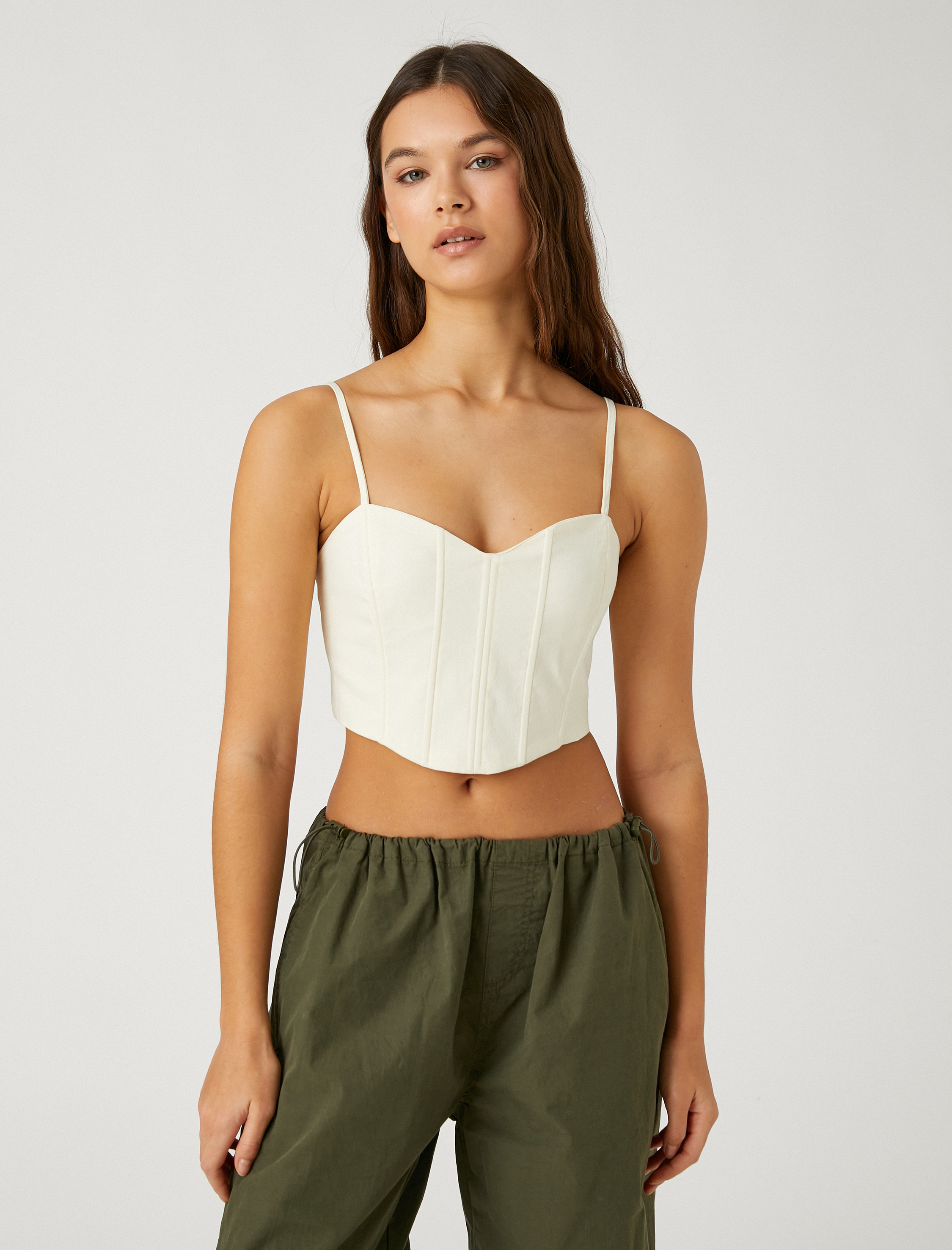 Balenli Büstiyer Crop İnce Askılı Asimetrik Kesim