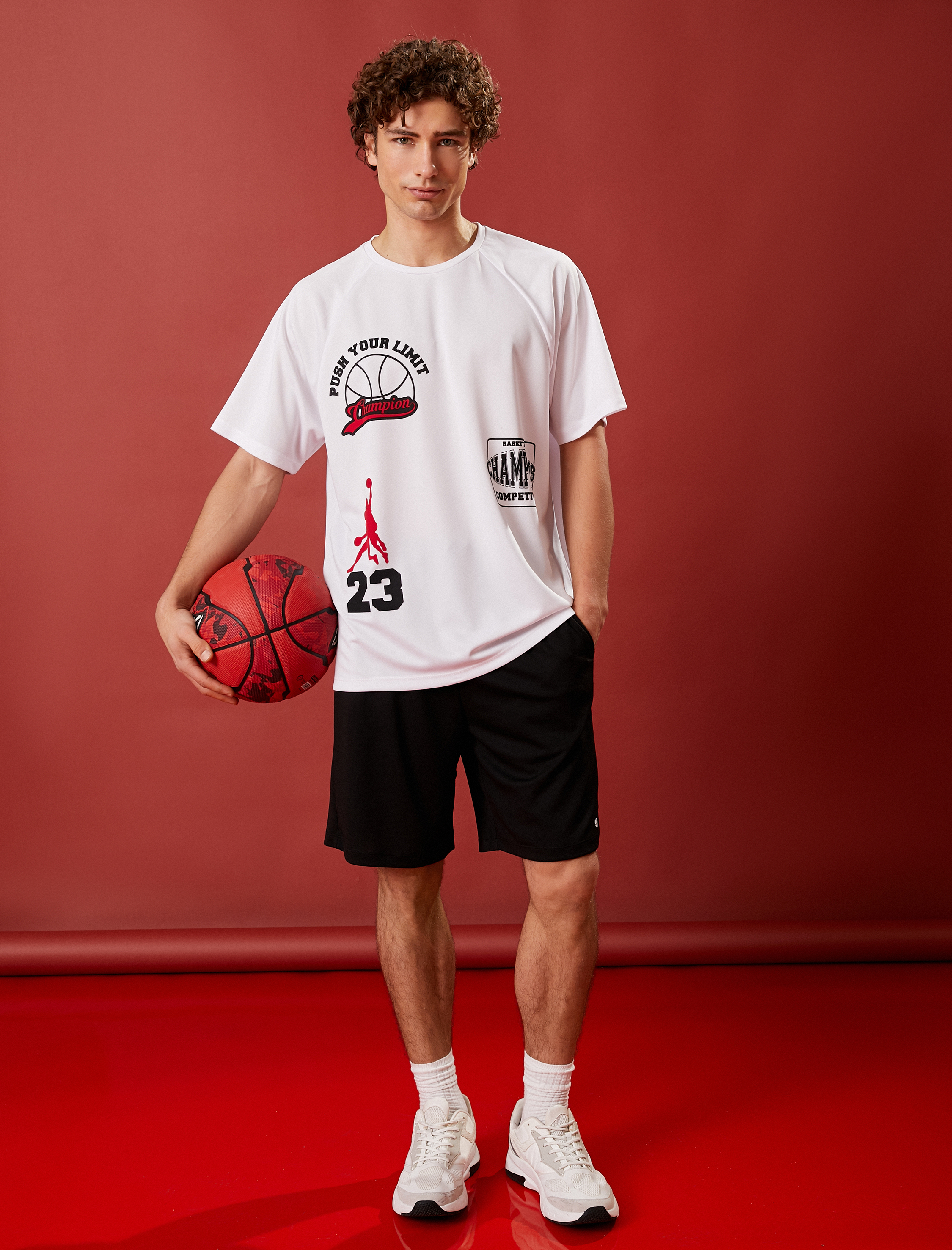   Oversize Spor Tişört Basketbol Baskılı Bisiklet Yaka Nefes Alan Kumaş