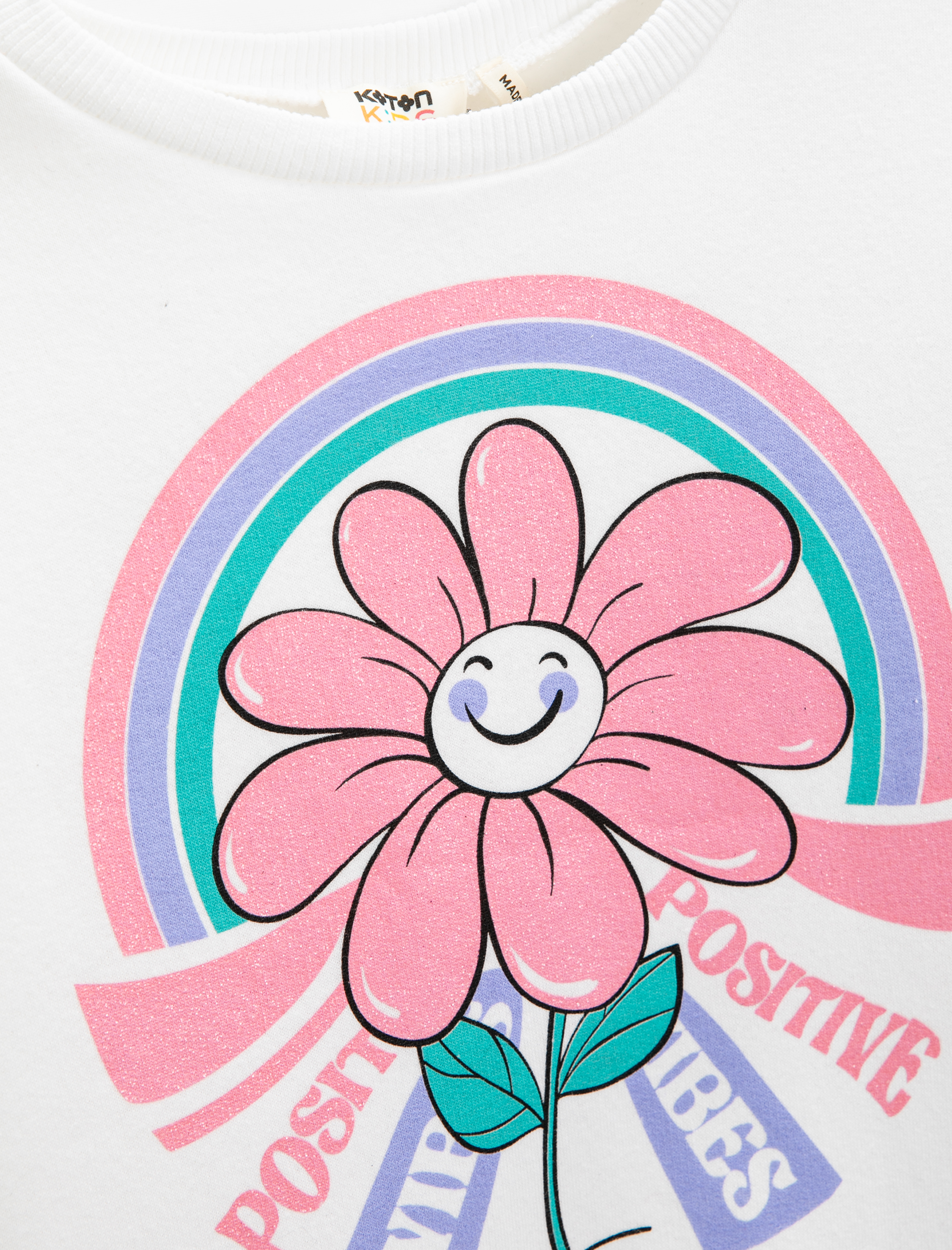  Kız Çocuk Oversize Sweatshirt Çiçek Baskılı Simli Uzun Kollu Şardonlu