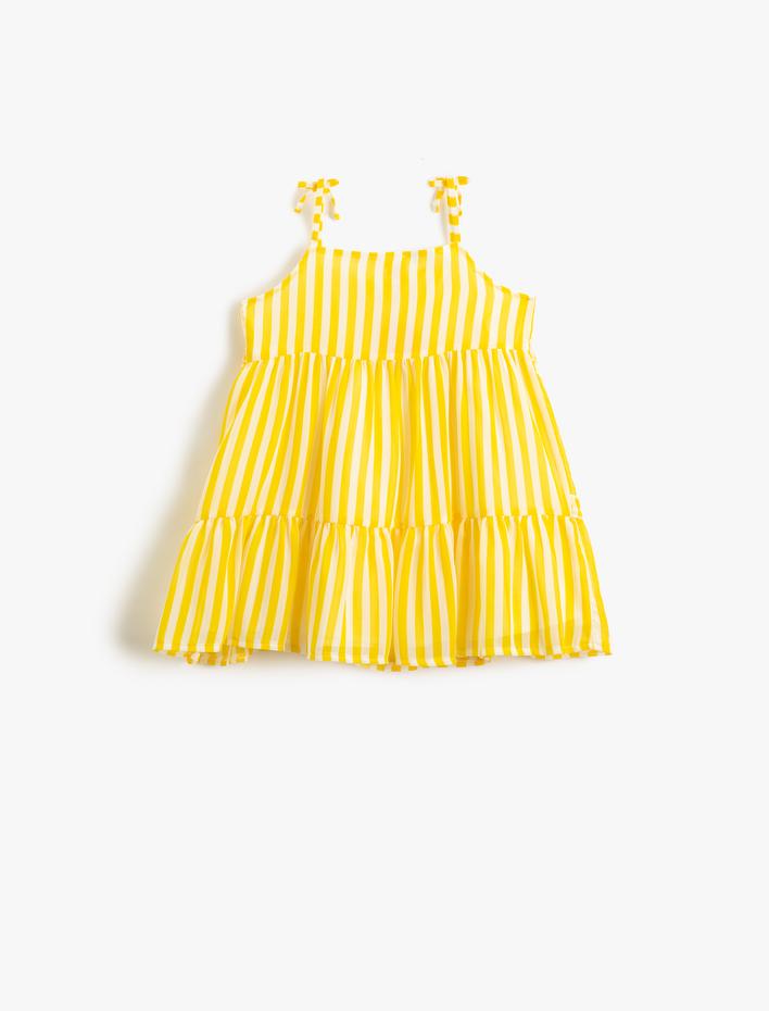 Kız Bebek Elbise Midi Kolsuz Askılı Fırfır Detaylı Katlı Pamuk Astarlı