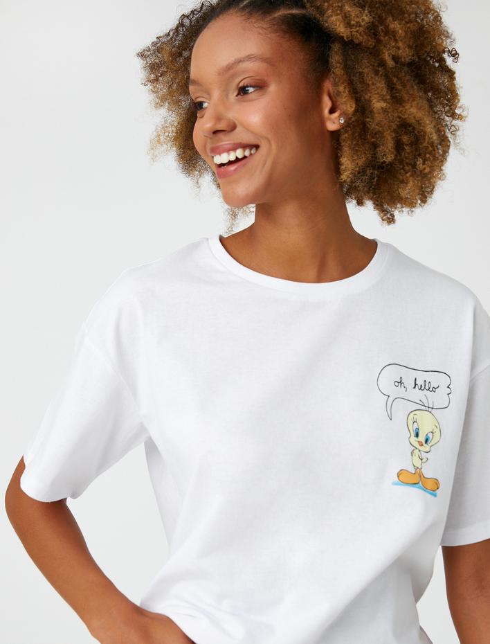  Tweety Lisanslı Tişört Oversize Bisiklet Yaka Kısa Kollu Sırt Baskılı