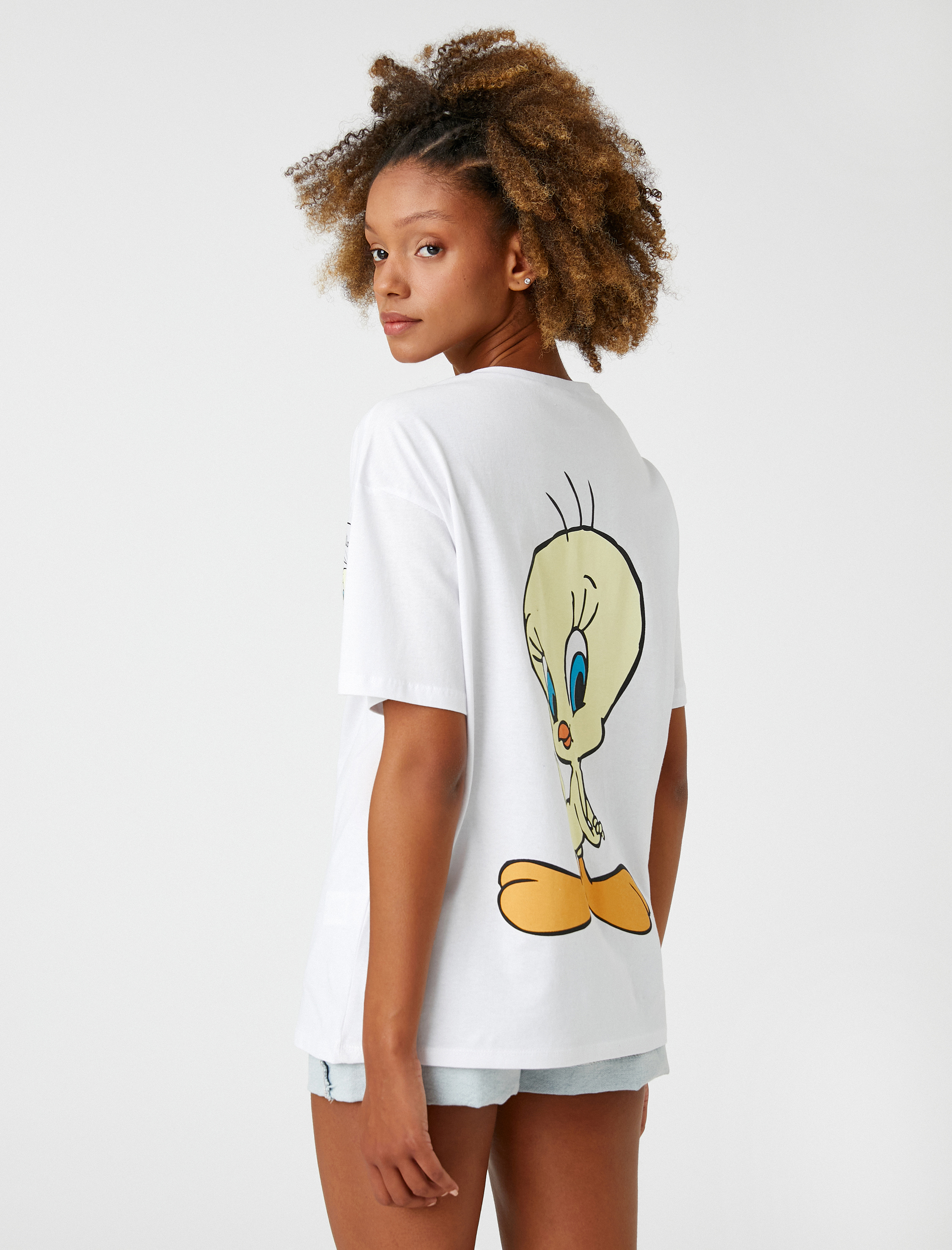   Tweety Lisanslı Tişört Oversize Bisiklet Yaka Kısa Kollu Sırt Baskılı