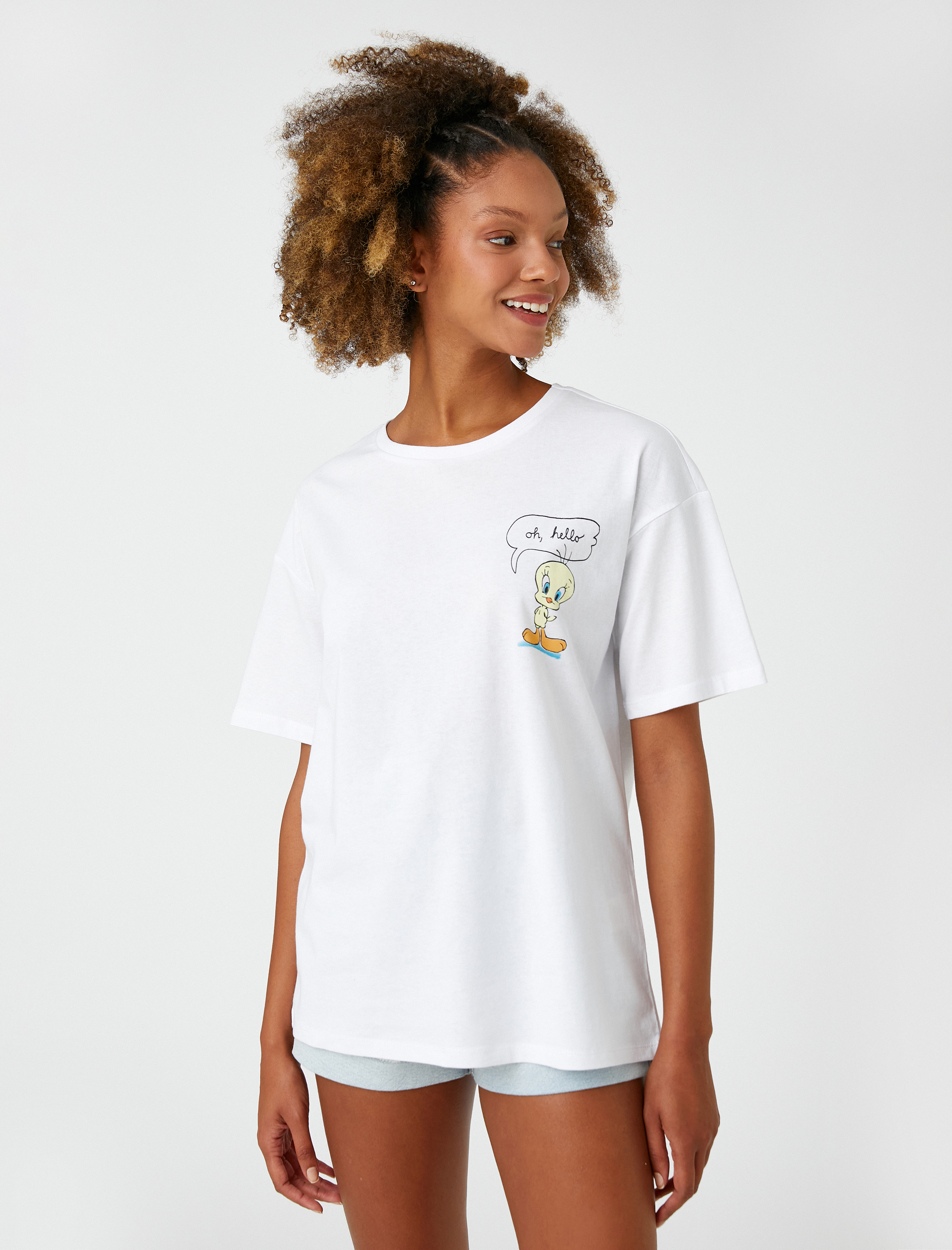   Tweety Lisanslı Tişört Oversize Bisiklet Yaka Kısa Kollu Sırt Baskılı