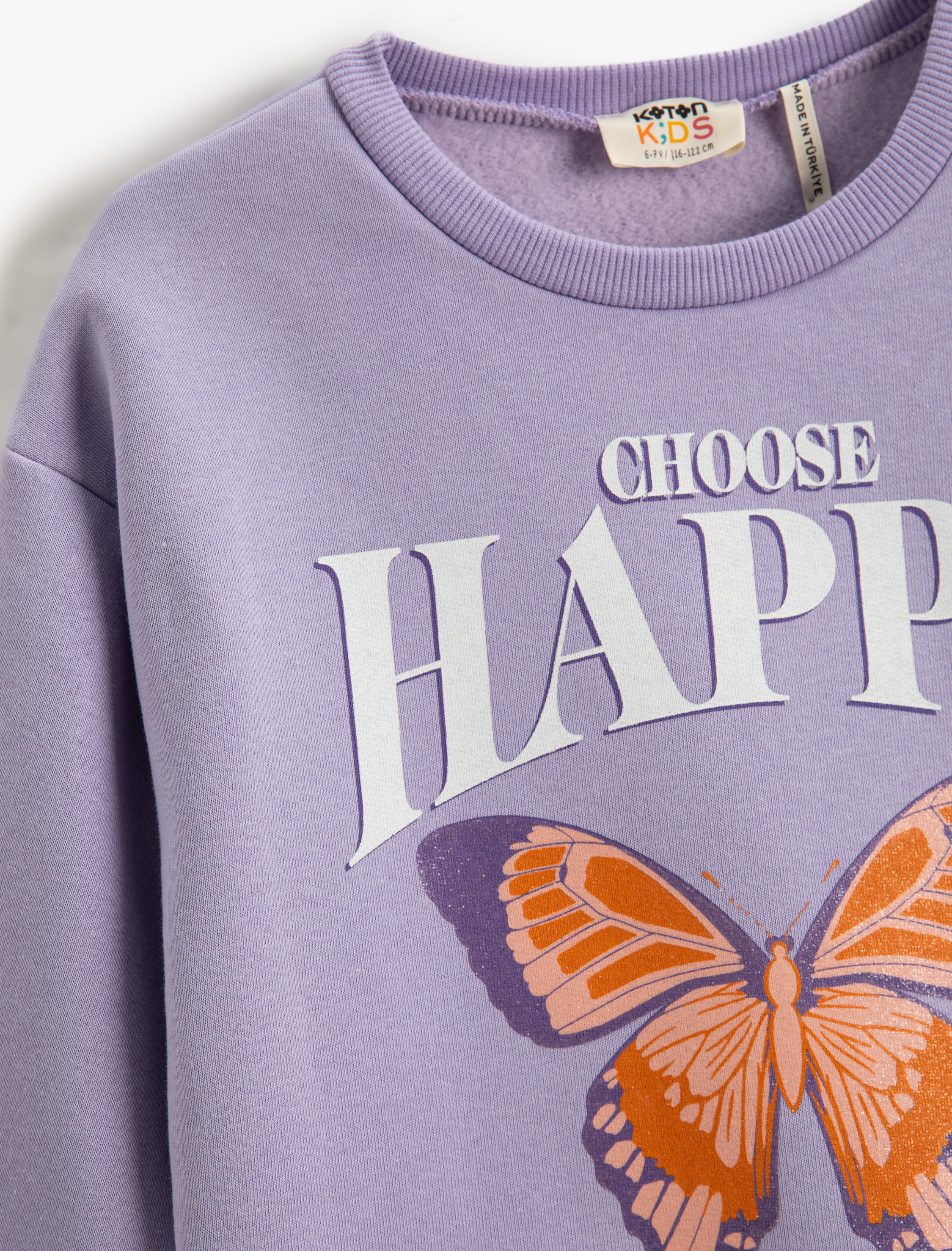  Kız Çocuk Kelebek Baskılı Sweatshirt Simli Uzun Kollu Bisiklet Yaka Şardonlu