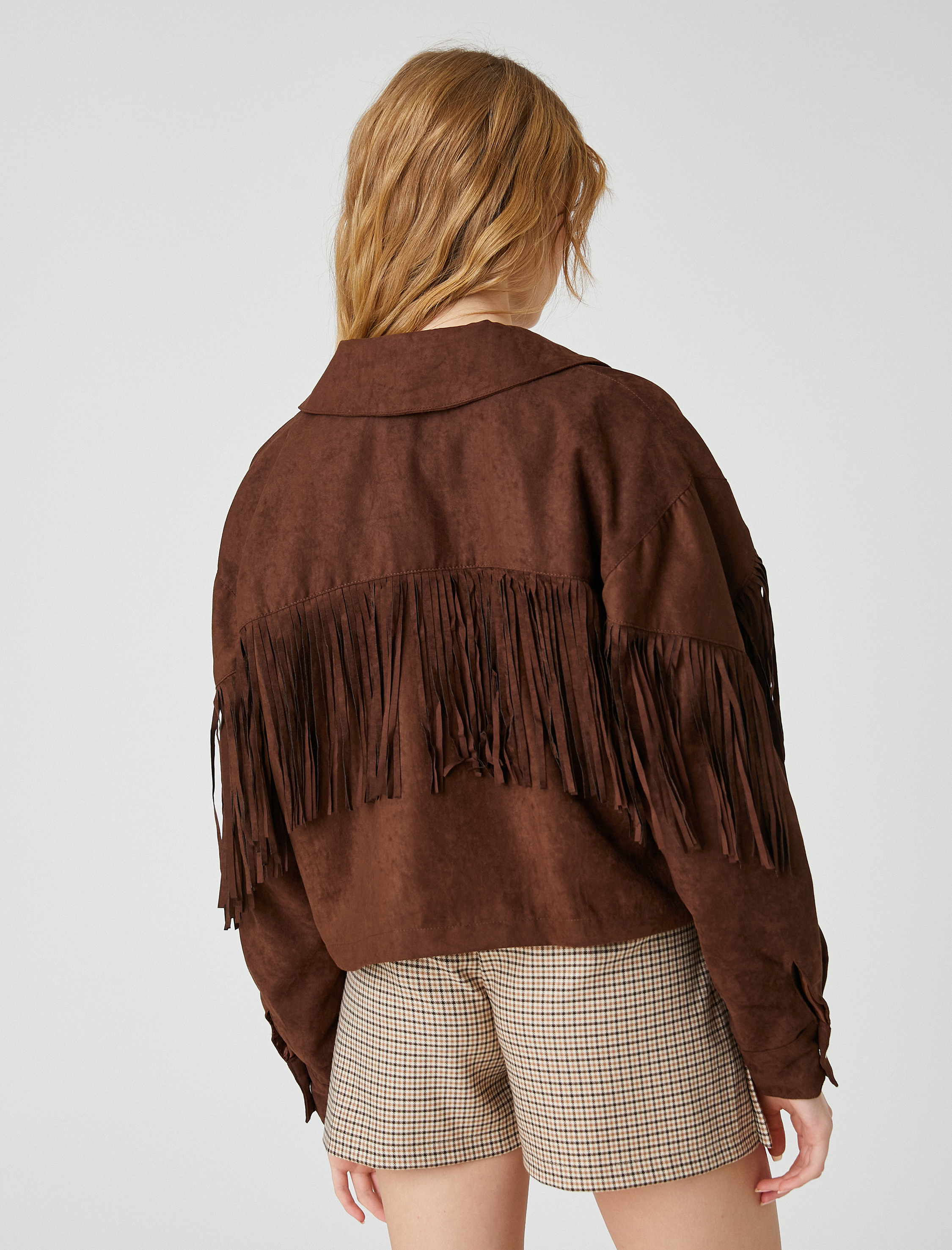 Süet Görünümlü Ceket Püsküllü Uzun Kollu Gömlek Yaka