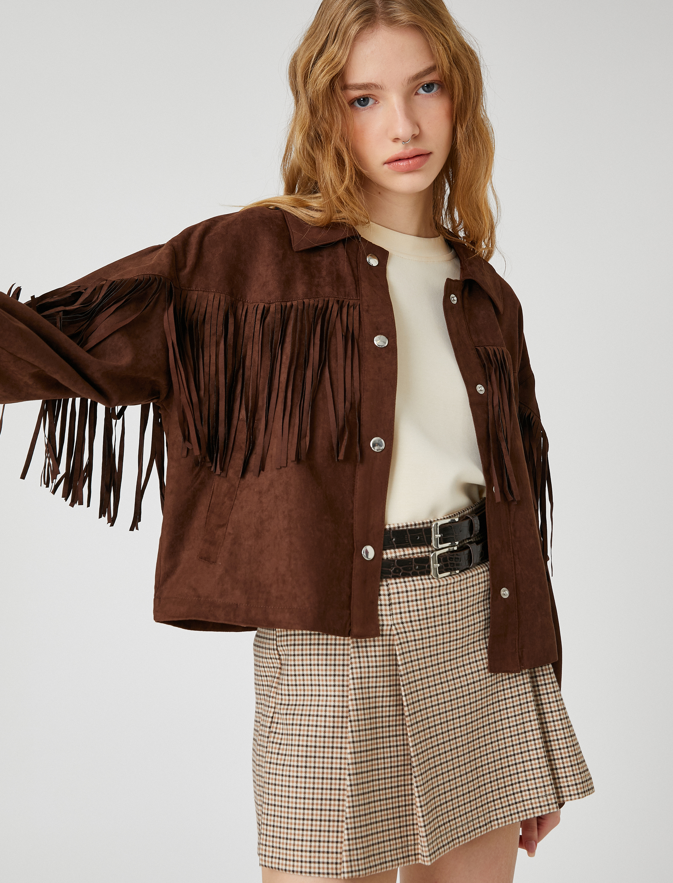 Süet Görünümlü Ceket Püsküllü Uzun Kollu Gömlek Yaka