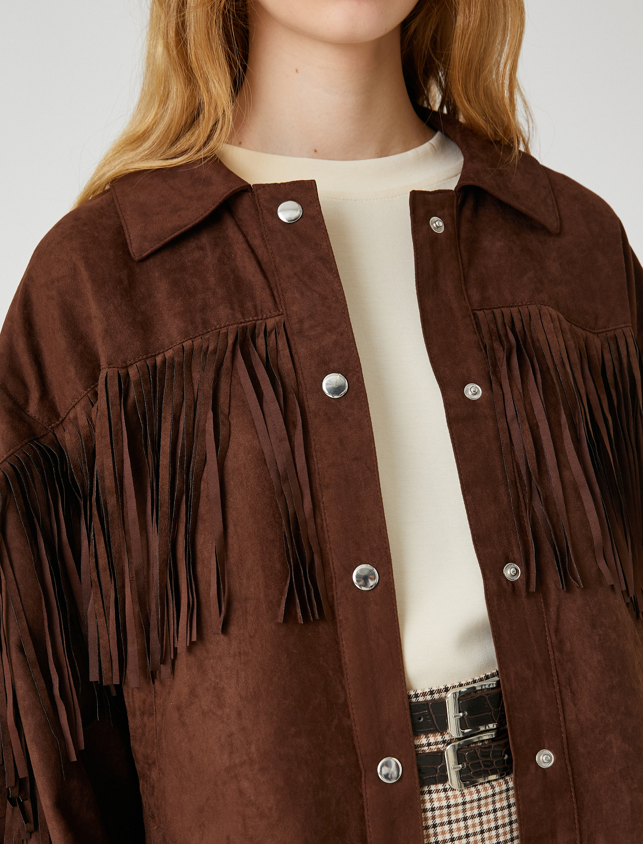 Süet Görünümlü Ceket Püsküllü Uzun Kollu Gömlek Yaka