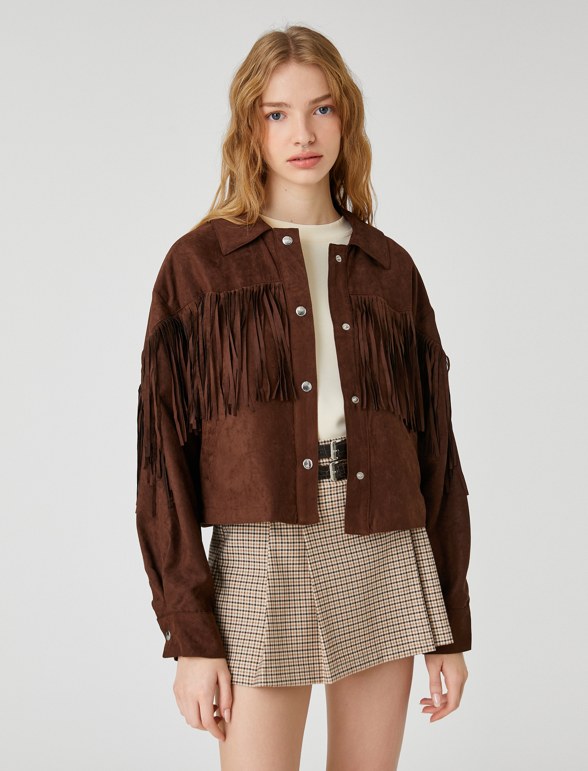 Süet Görünümlü Ceket Püsküllü Uzun Kollu Gömlek Yaka