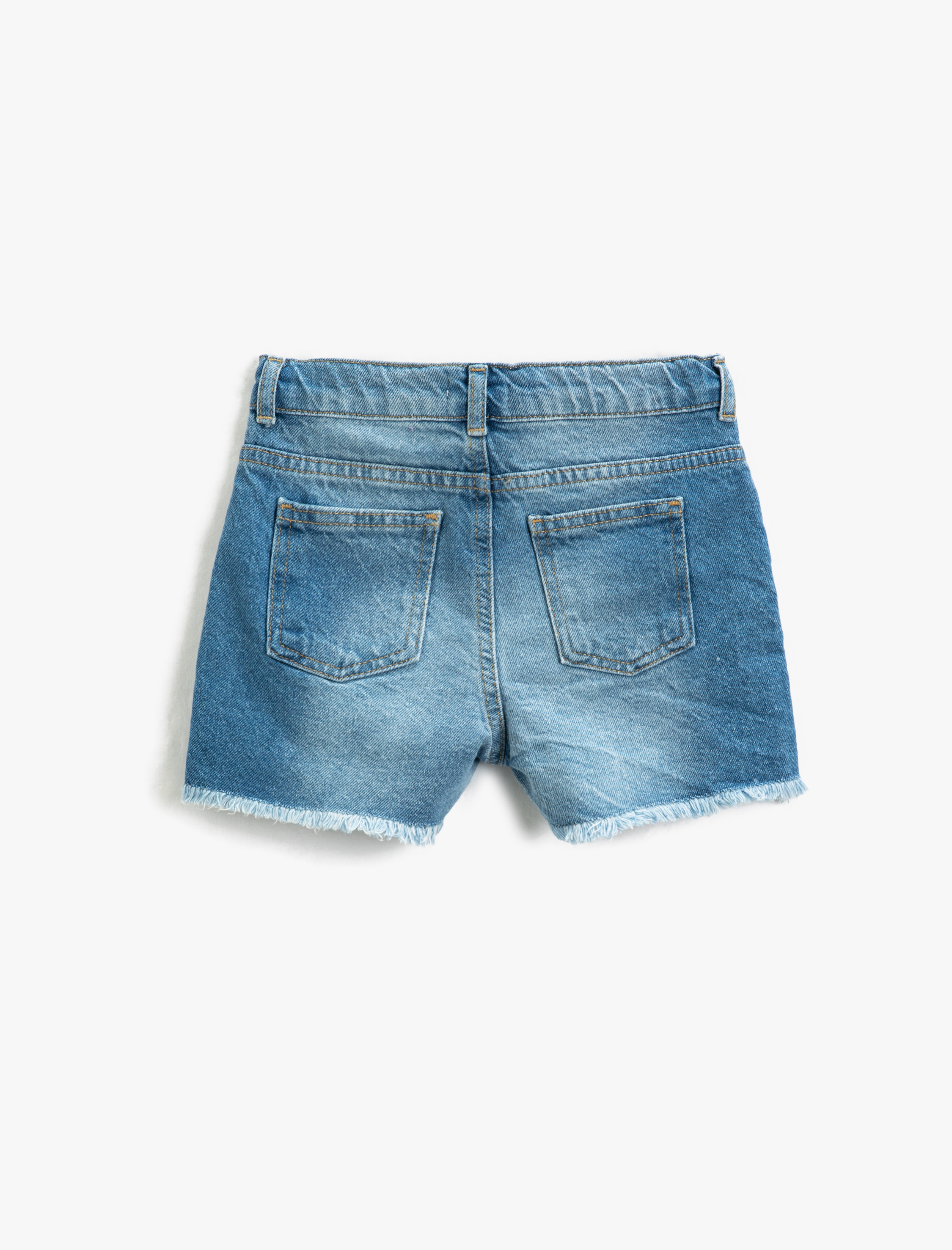  Kız Çocuk Pul-Payet İşlemeli Kot Şort Cepli Paçaları Püsküllü Beli Ayarlanabilir Lastikli