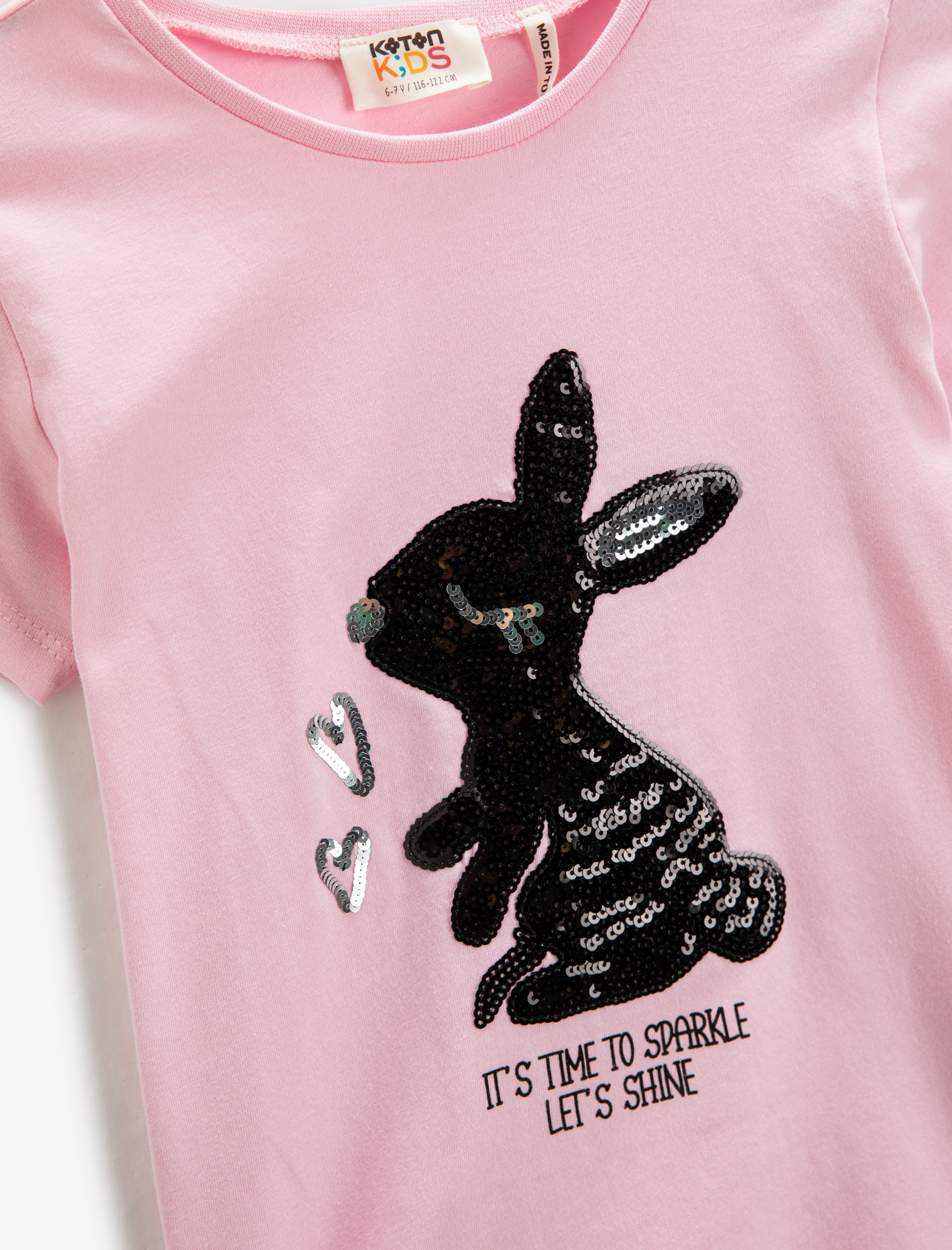  Kız Çocuk Pul-Payet İşlemeli Kısa Kollu Tişört Yuvarlak Yaka