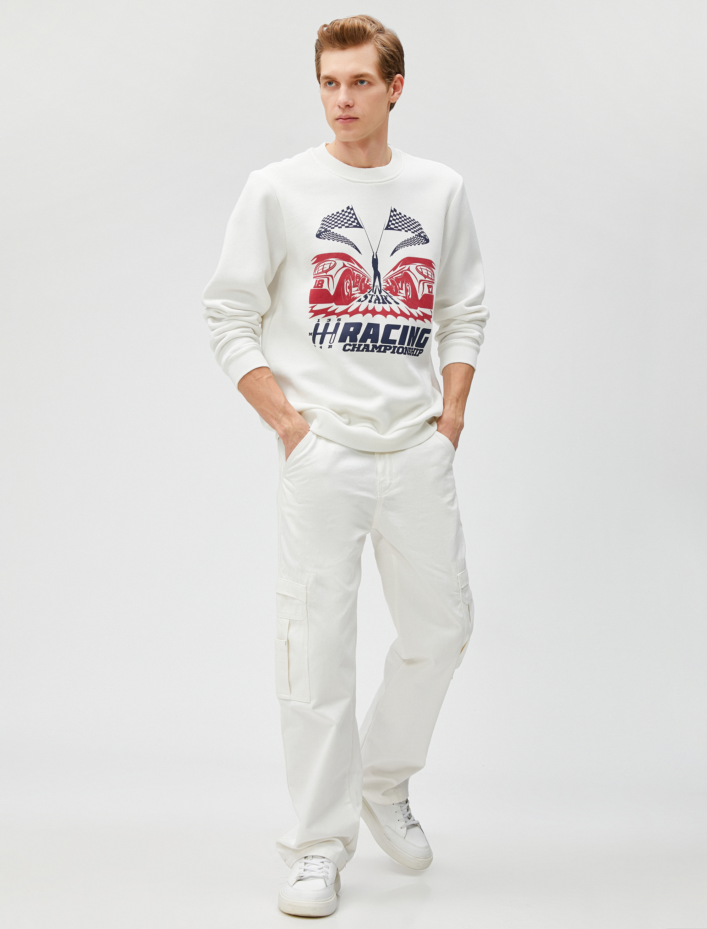   Baskılı Sweatshirt Yarış Temalı Bisiklet Yaka Uzun Kollu Şardonlu