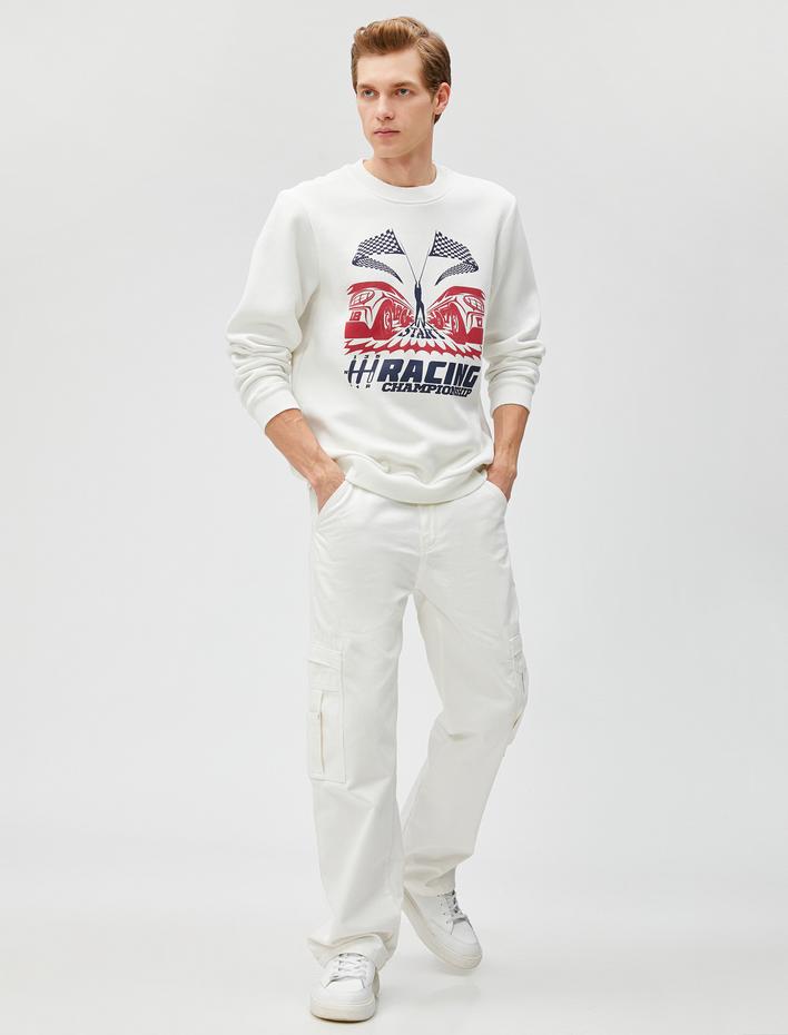  Baskılı Sweatshirt Yarış Temalı Bisiklet Yaka Uzun Kollu Şardonlu