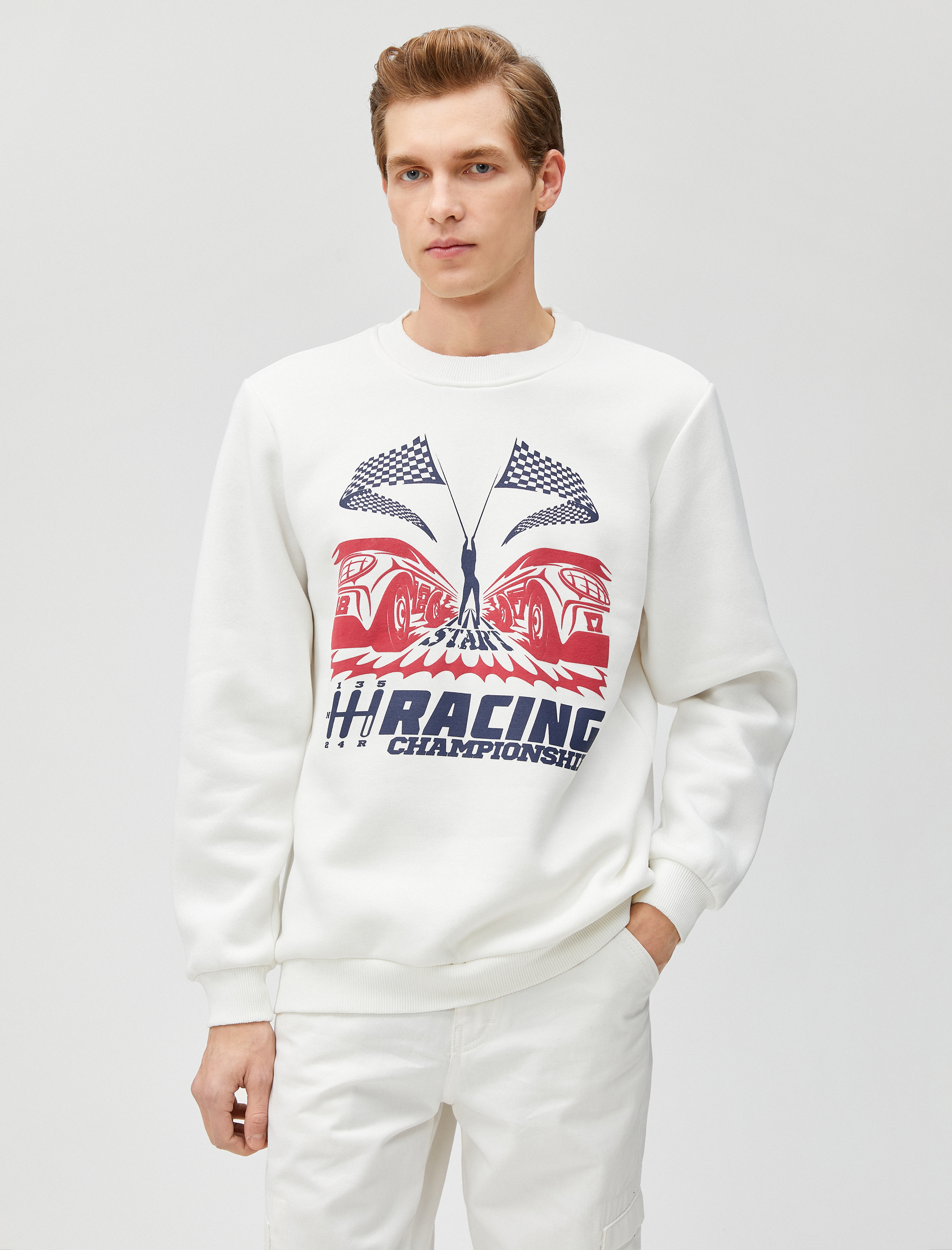   Baskılı Sweatshirt Yarış Temalı Bisiklet Yaka Uzun Kollu Şardonlu