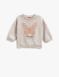 Sweatshirt Kelebek Baskılı Simli Uzun Kollu Bisiklet Yaka
