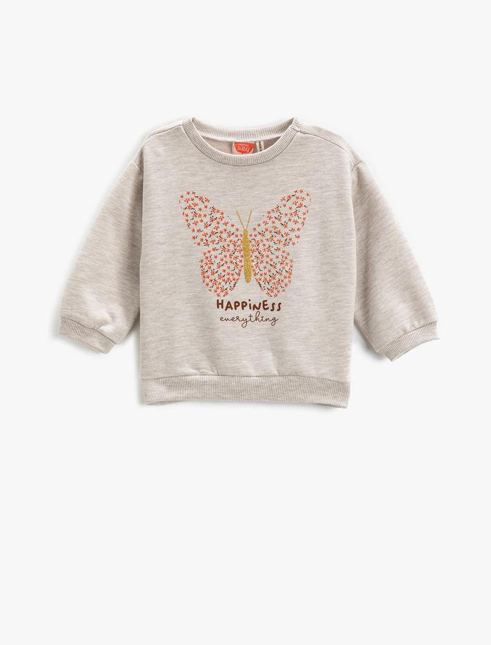Kız Bebek Sweatshirt Kelebek Baskılı Simli Uzun Kollu Bisiklet Yaka