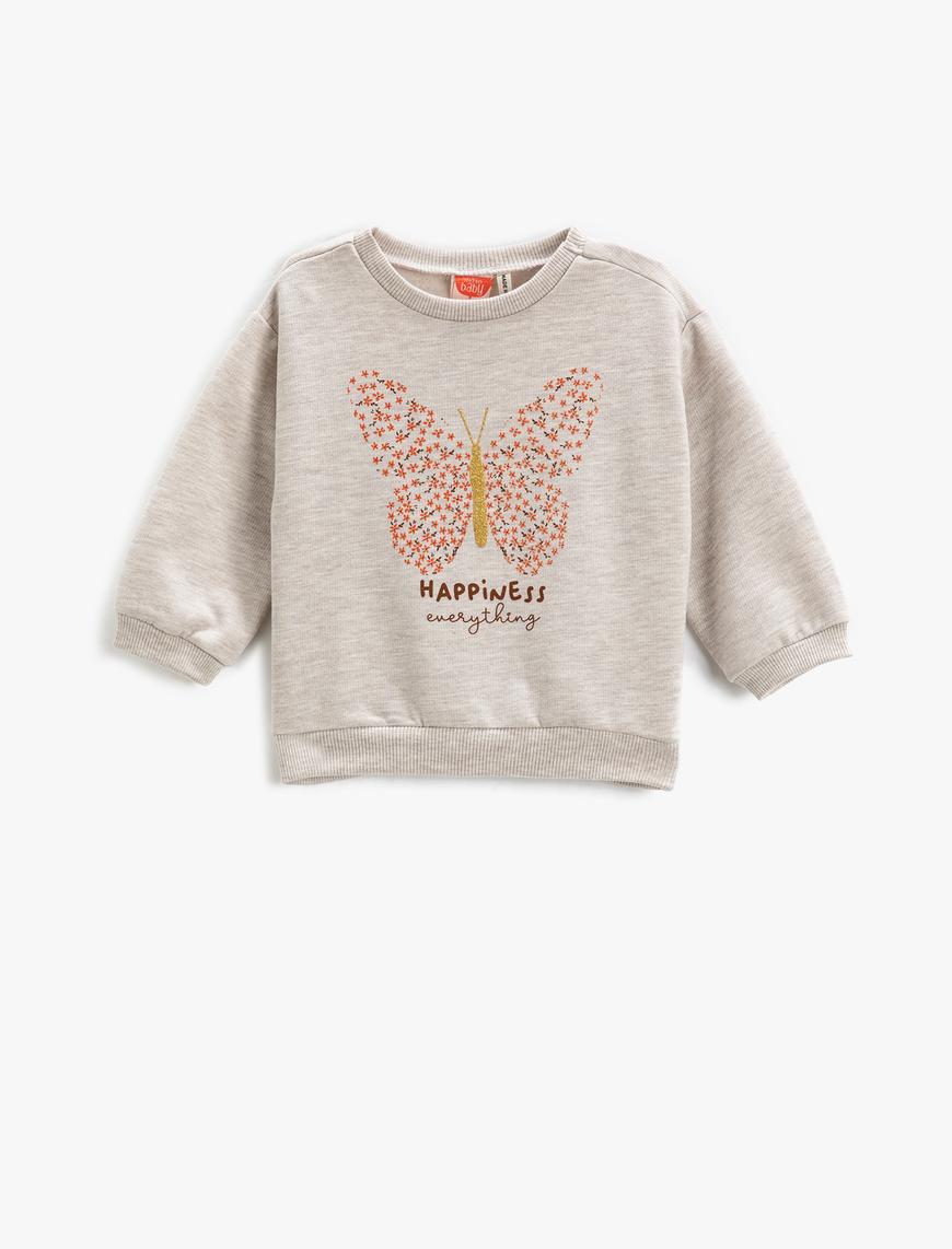  Kız Bebek Sweatshirt Kelebek Baskılı Simli Uzun Kollu Bisiklet Yaka