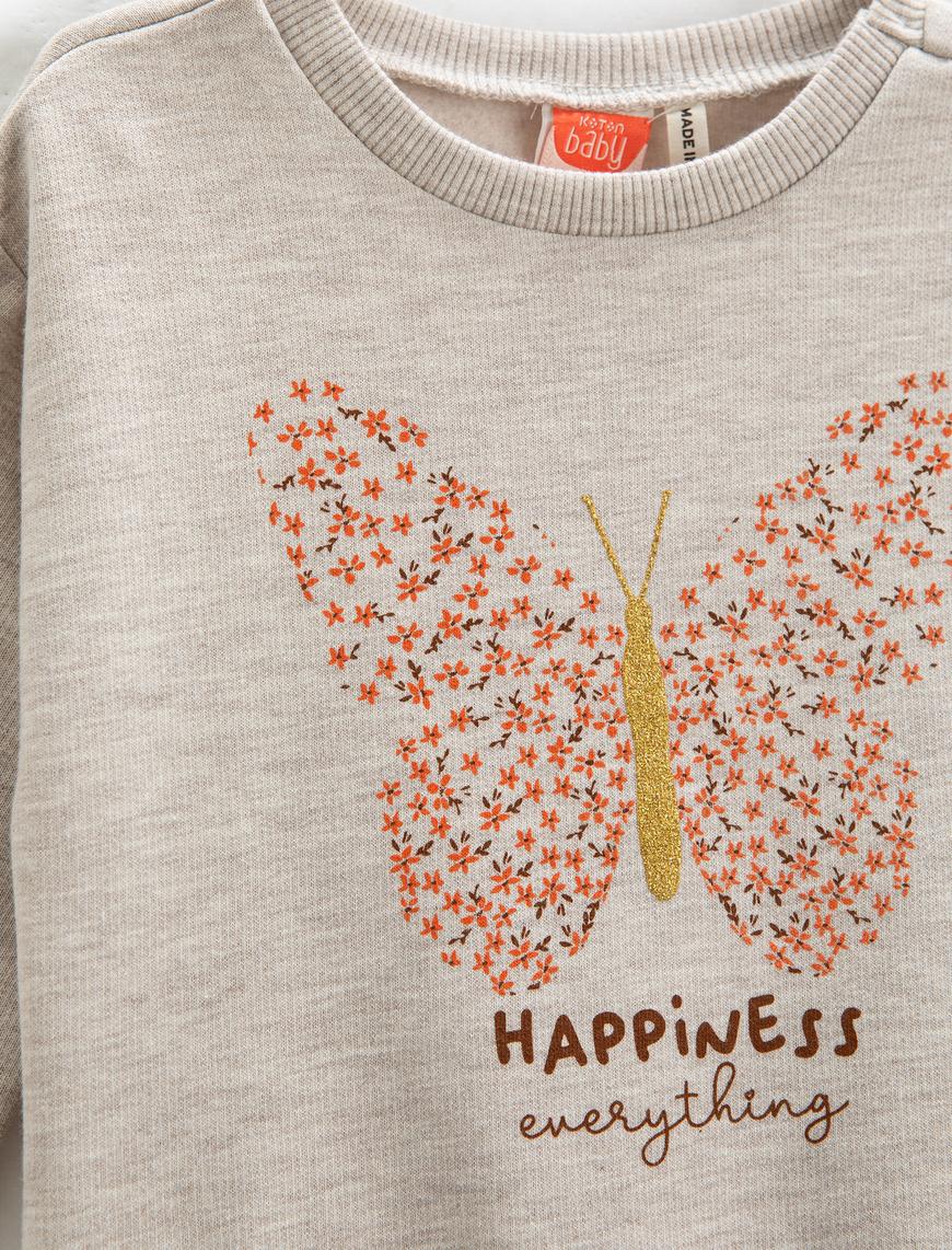  Kız Bebek Sweatshirt Kelebek Baskılı Simli Uzun Kollu Bisiklet Yaka