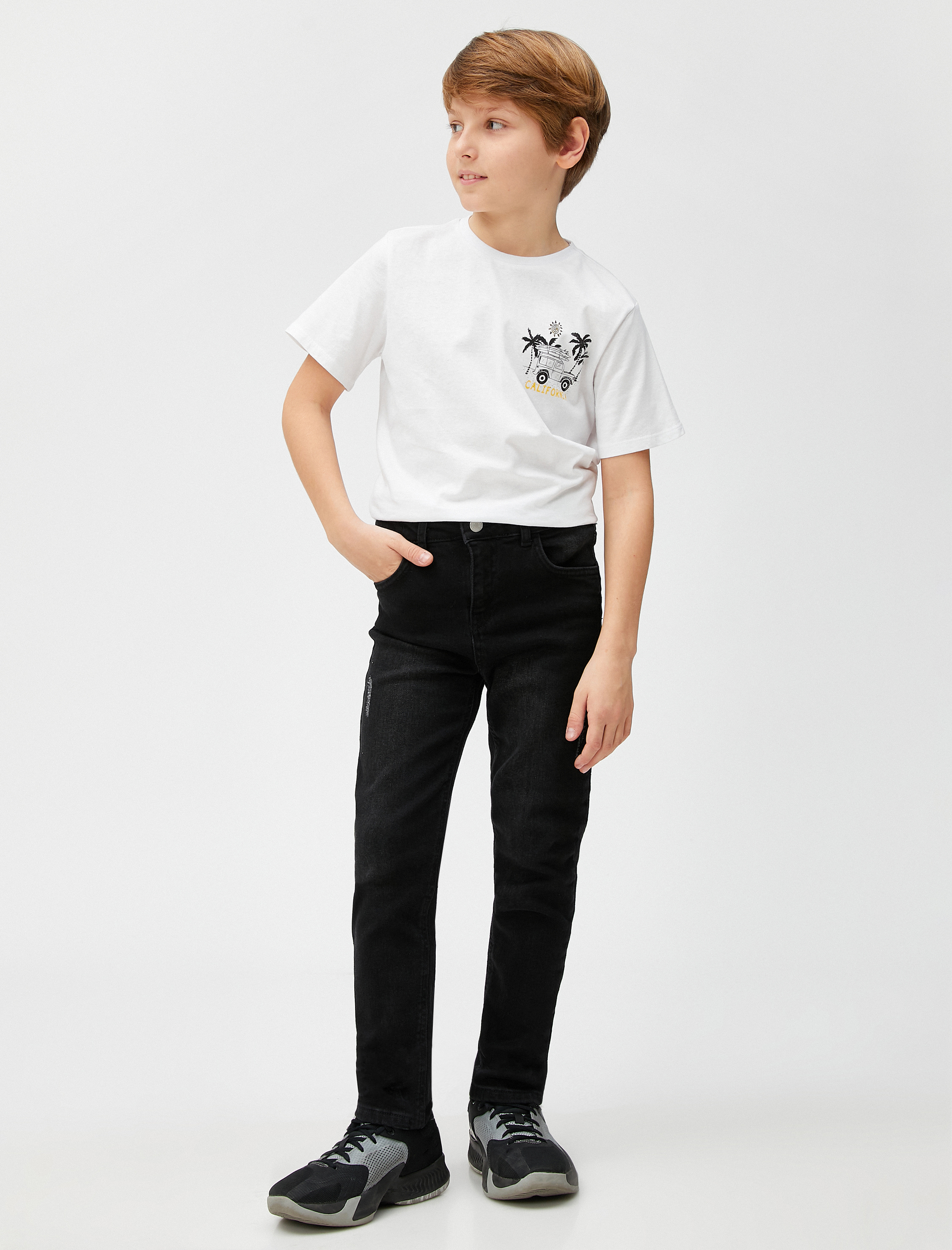  Erkek Çocuk Palmiye Baskı Detaylı Baskılı Kısa Kollu Tişört Bisiklet Yaka Pamuklu