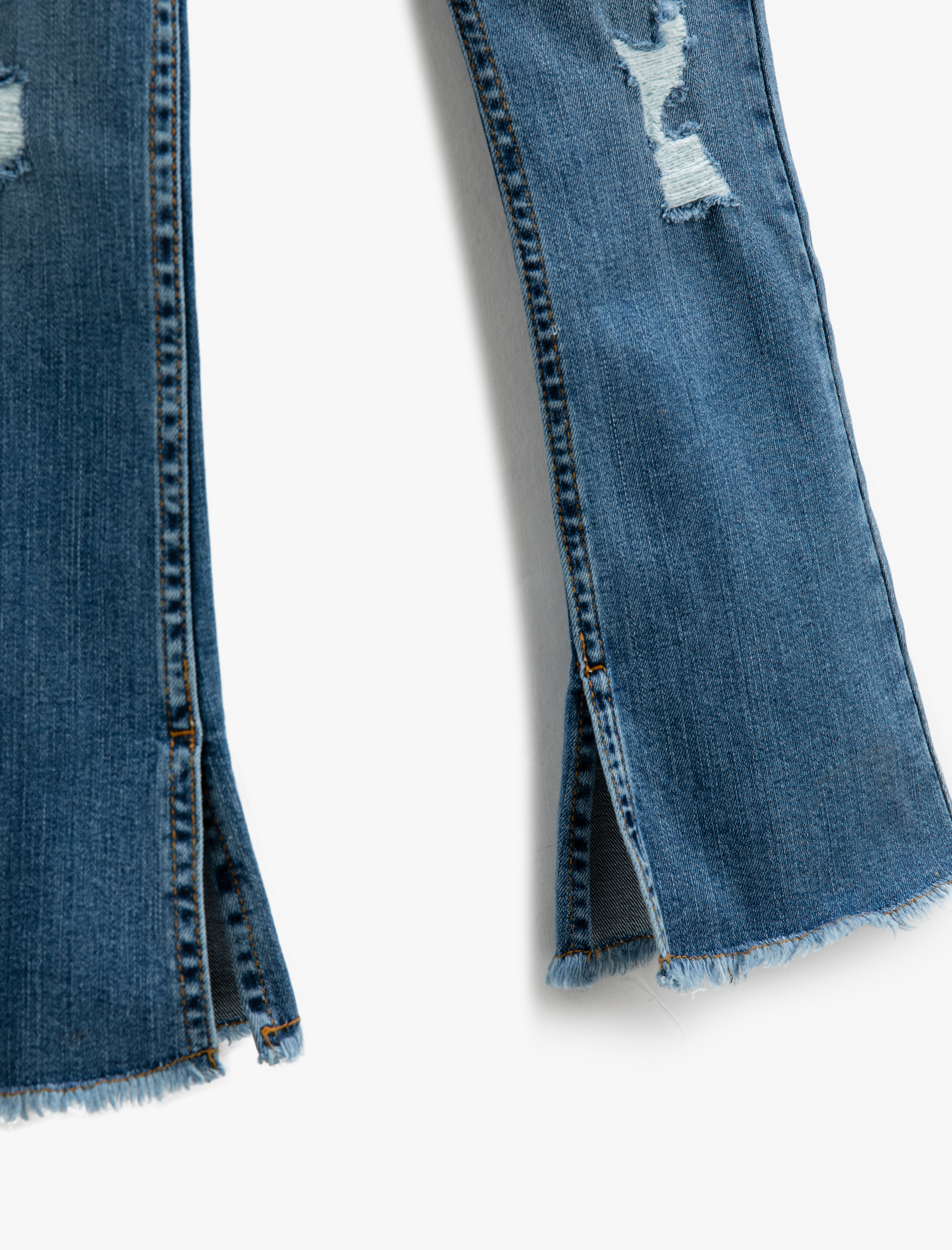  Kız Çocuk İspanyol Paça Kot Pantolon Paçası Yırtmaç Detaylı Yıpratılmış - Flare Jean  Beli Ayarlanabilir Lastikli