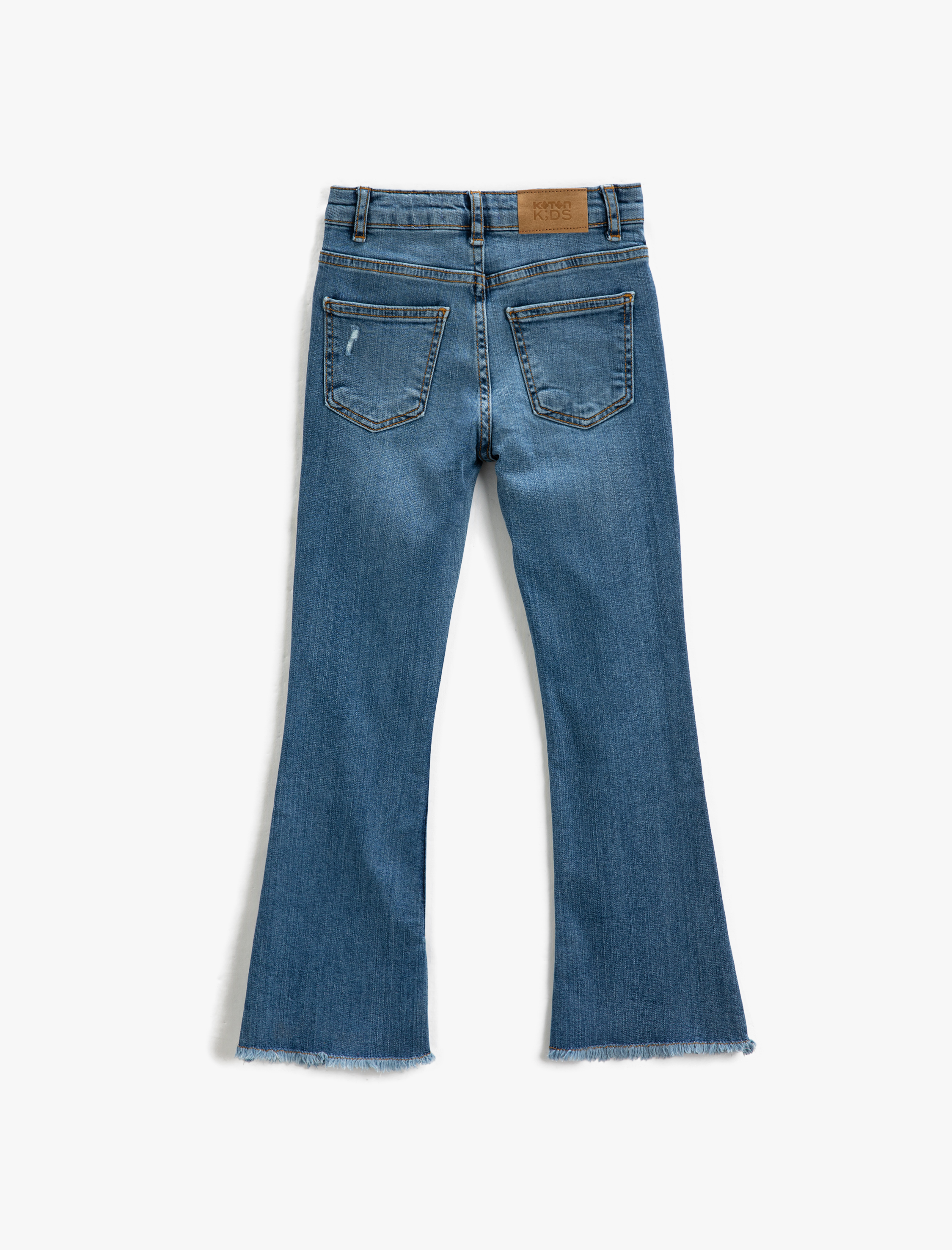  Kız Çocuk İspanyol Paça Kot Pantolon Paçası Yırtmaç Detaylı Yıpratılmış - Flare Jean  Beli Ayarlanabilir Lastikli