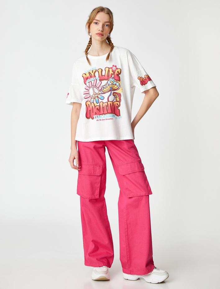  Baskılı Tişört Pamuklu Bisiklet Yaka Kısa Kollu